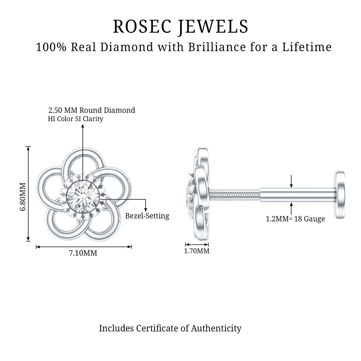 Diamond Flower Earring for Cartilage Piercing Natural - ( HI-SI ) - Rosec Jewels