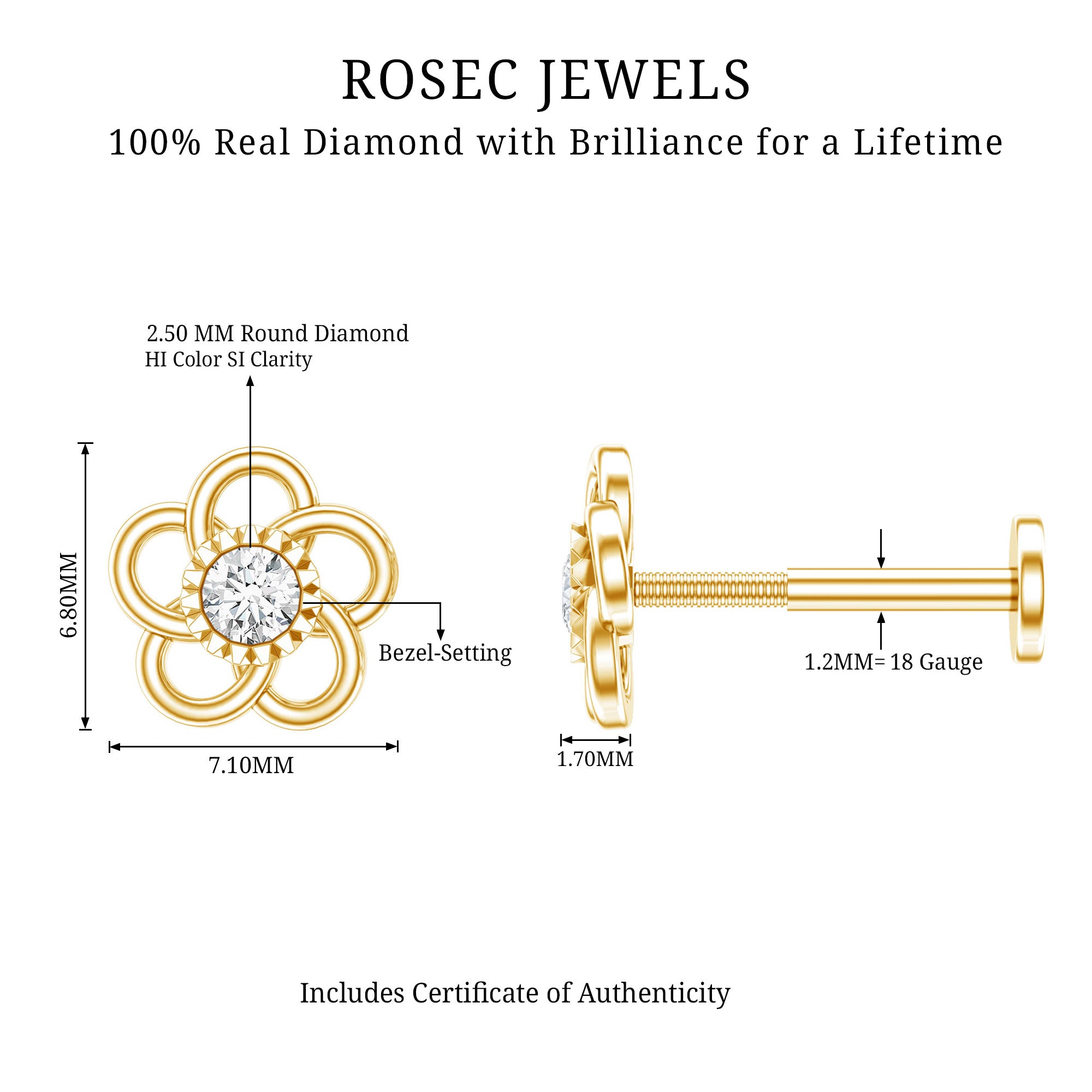 Diamond Flower Earring for Cartilage Piercing Natural - ( HI-SI ) - Rosec Jewels