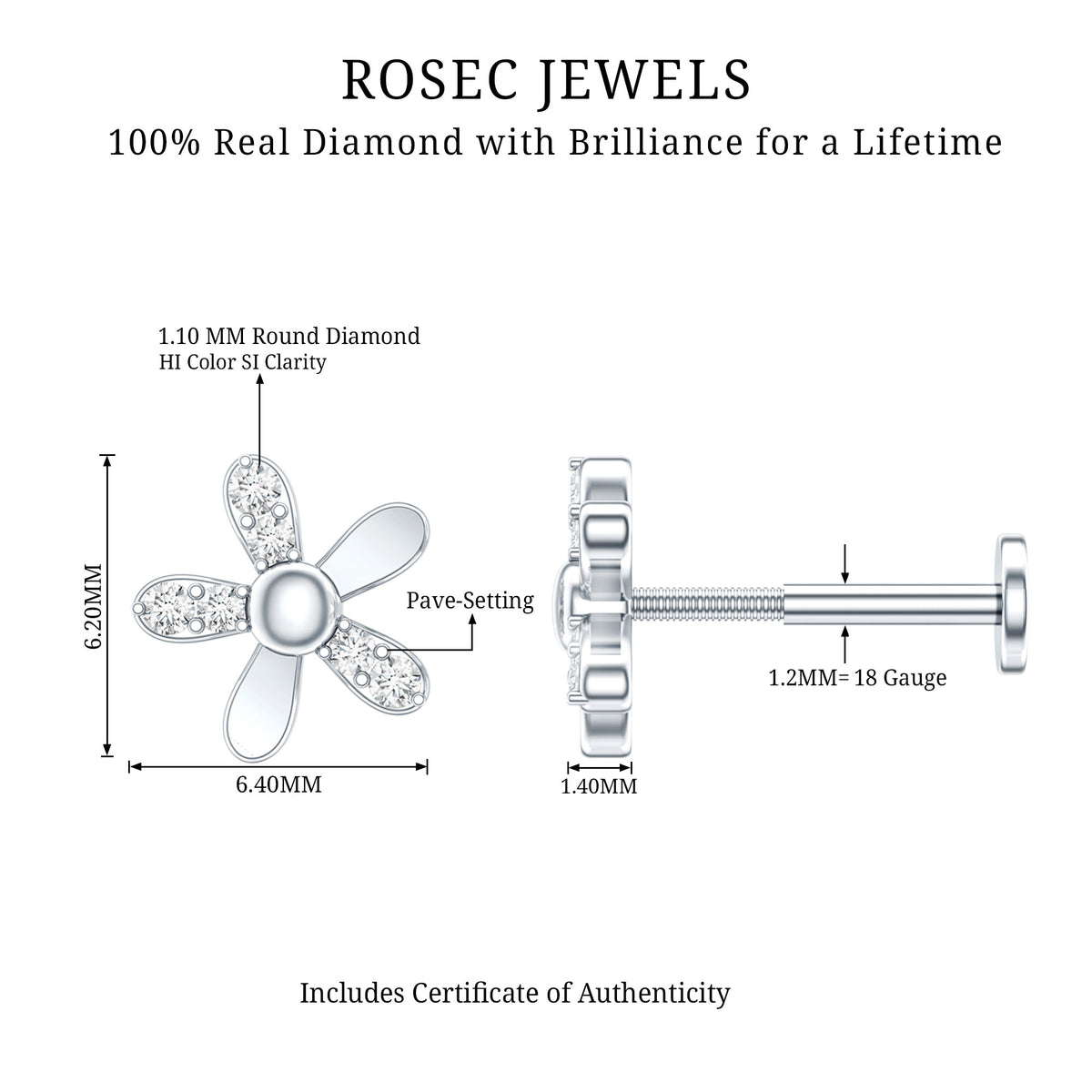 Simple Diamond Floral Earring for Cartilage Piercing Natural - ( HI-SI ) - Rosec Jewels