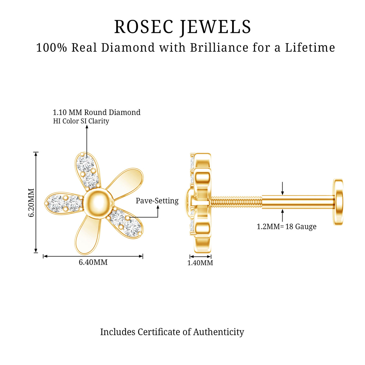 Simple Diamond Floral Earring for Cartilage Piercing Natural - ( HI-SI ) - Rosec Jewels