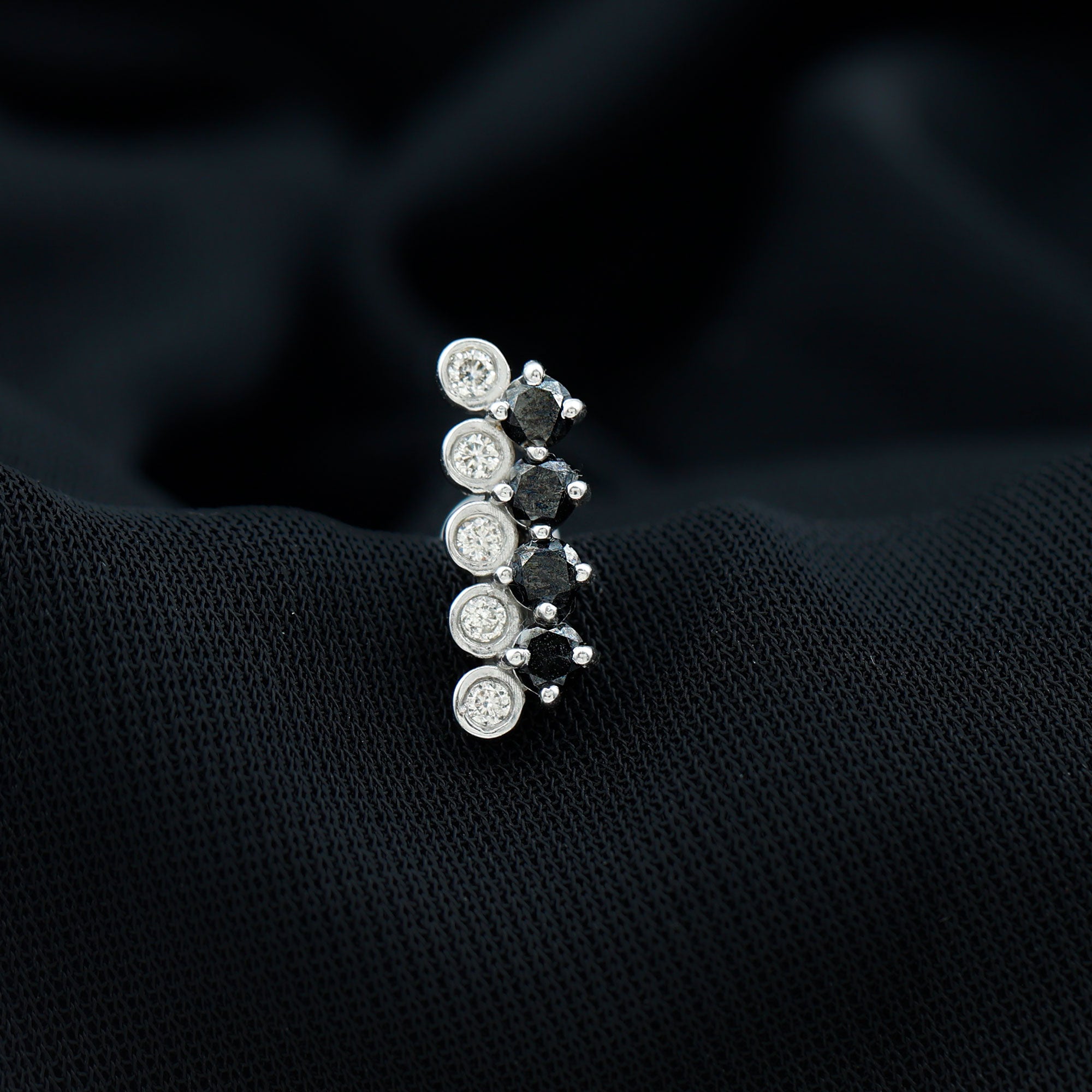 Minimal Black Onyx and Diamond Bar Cartilage Earring AAA - Rosec Jewels