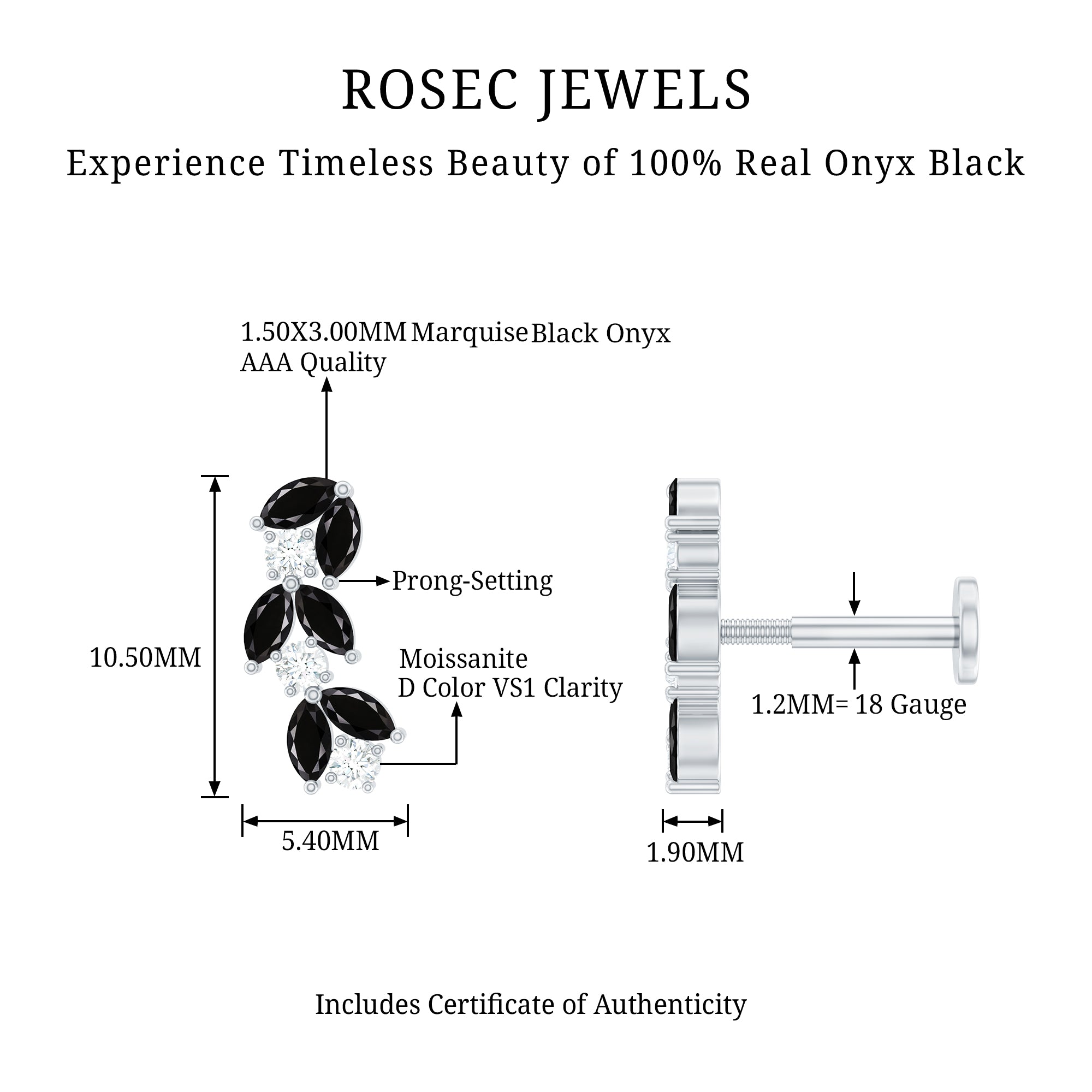 Marquise Black Onyx and Diamond Leaf Ear Crawler Earring AAA - Rosec Jewels
