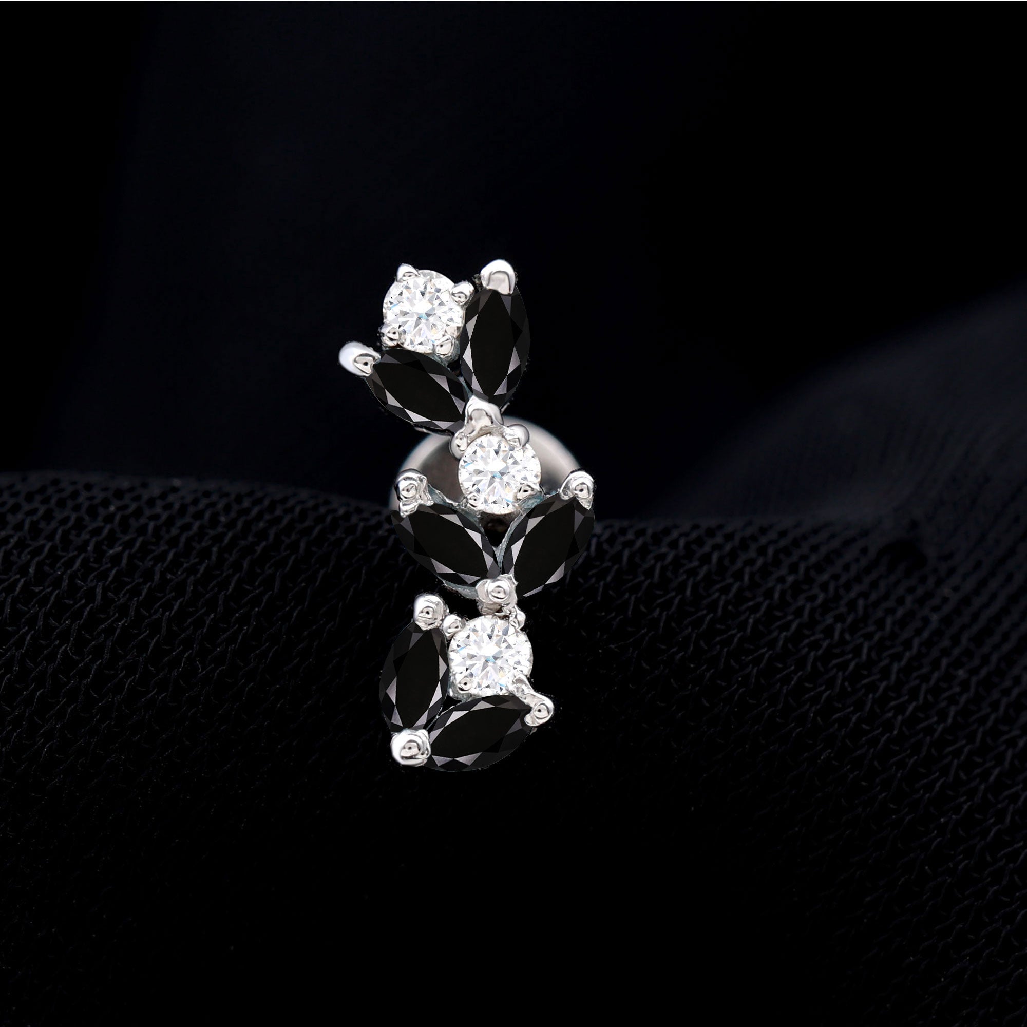 Marquise Black Onyx and Diamond Leaf Ear Crawler Earring AAA - Rosec Jewels
