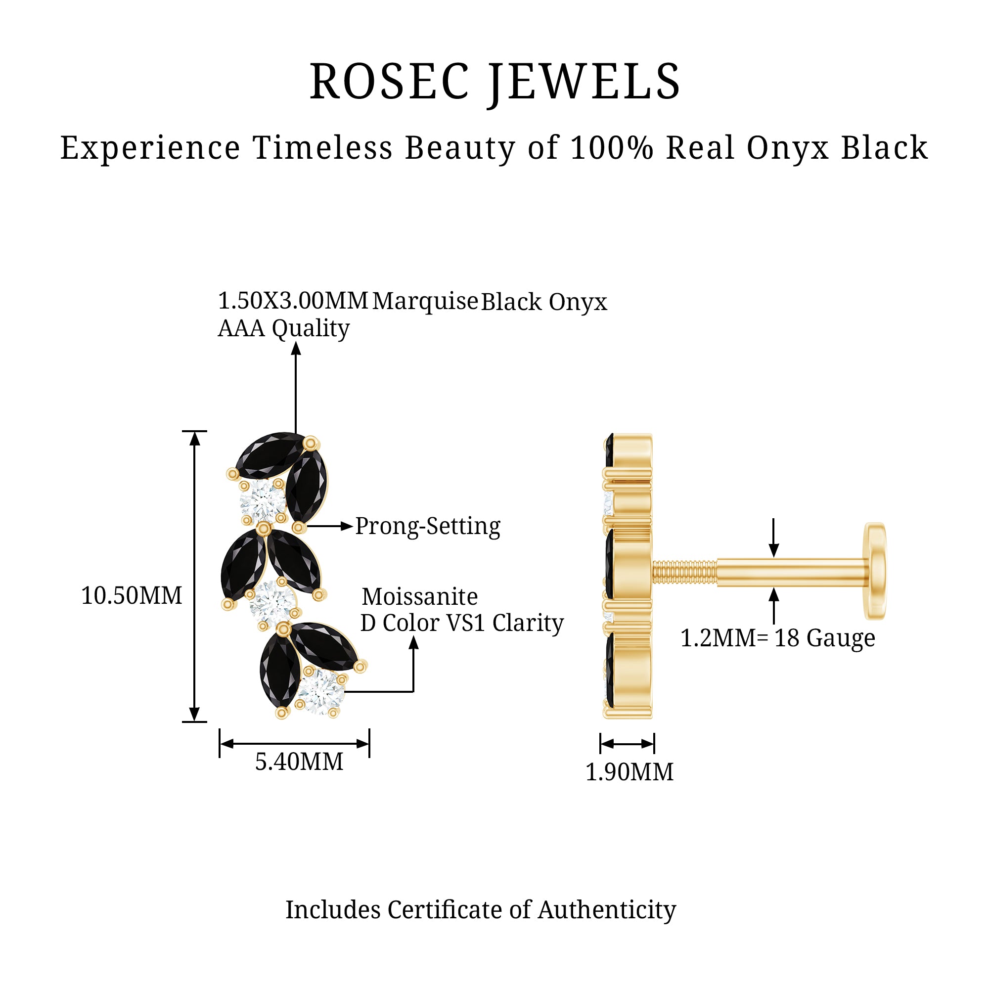 Marquise Black Onyx and Diamond Leaf Ear Crawler Earring AAA - Rosec Jewels