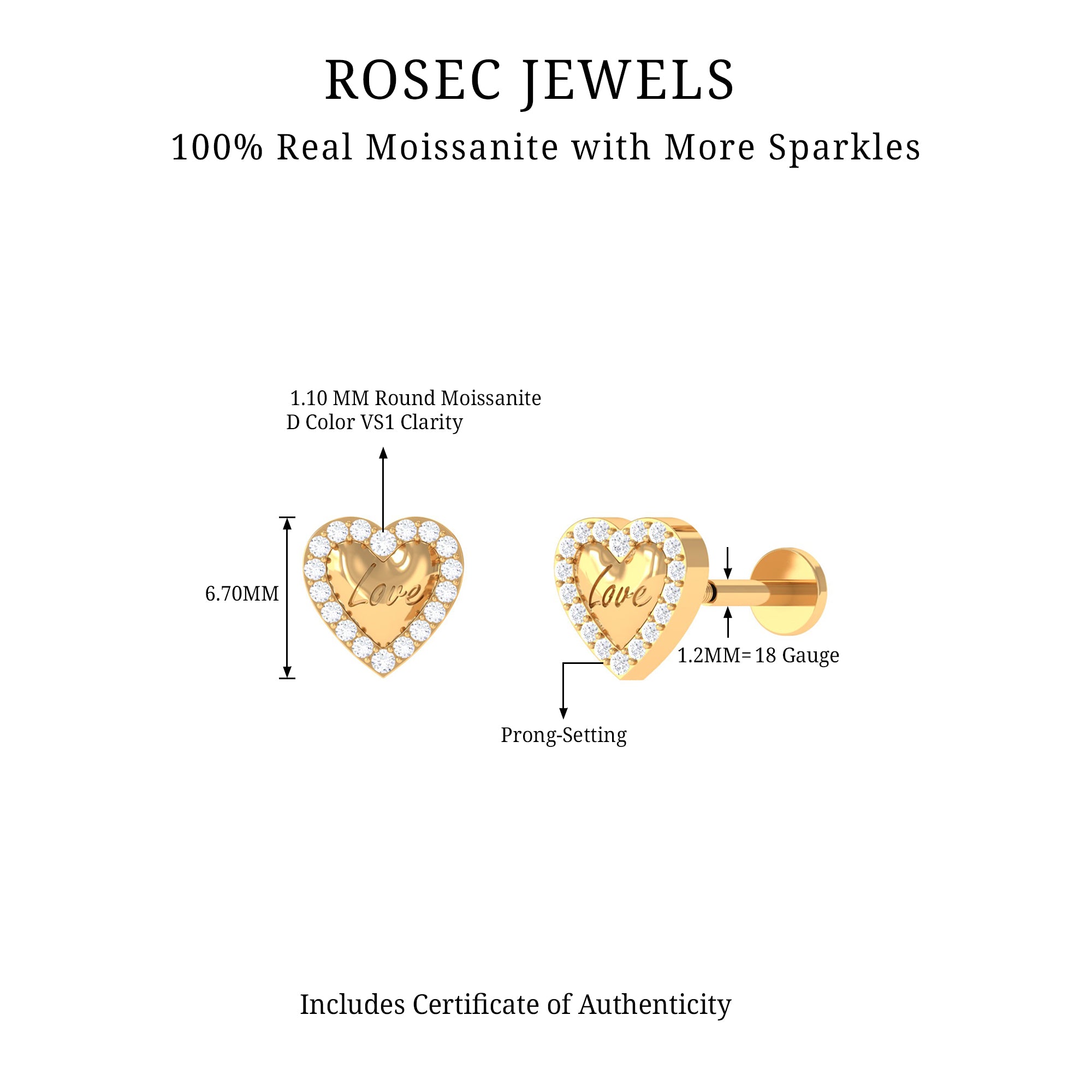 Certified Moissanite Love Heart Earring for Helix Piercing D-VS1 - Rosec Jewels