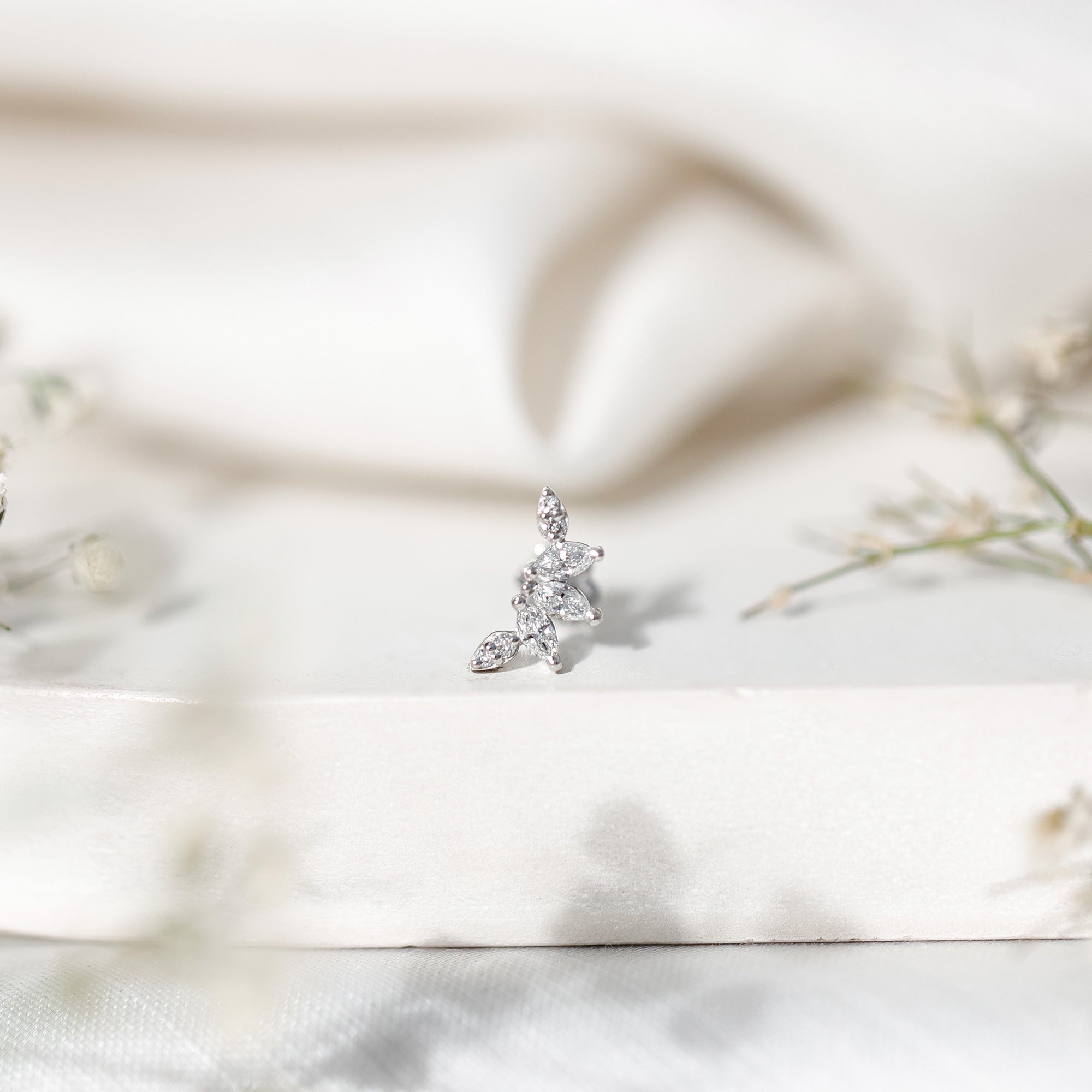 Marquise and Round Cut Moissanite Curved Leaf Helix Earring D-VS1 - Rosec Jewels