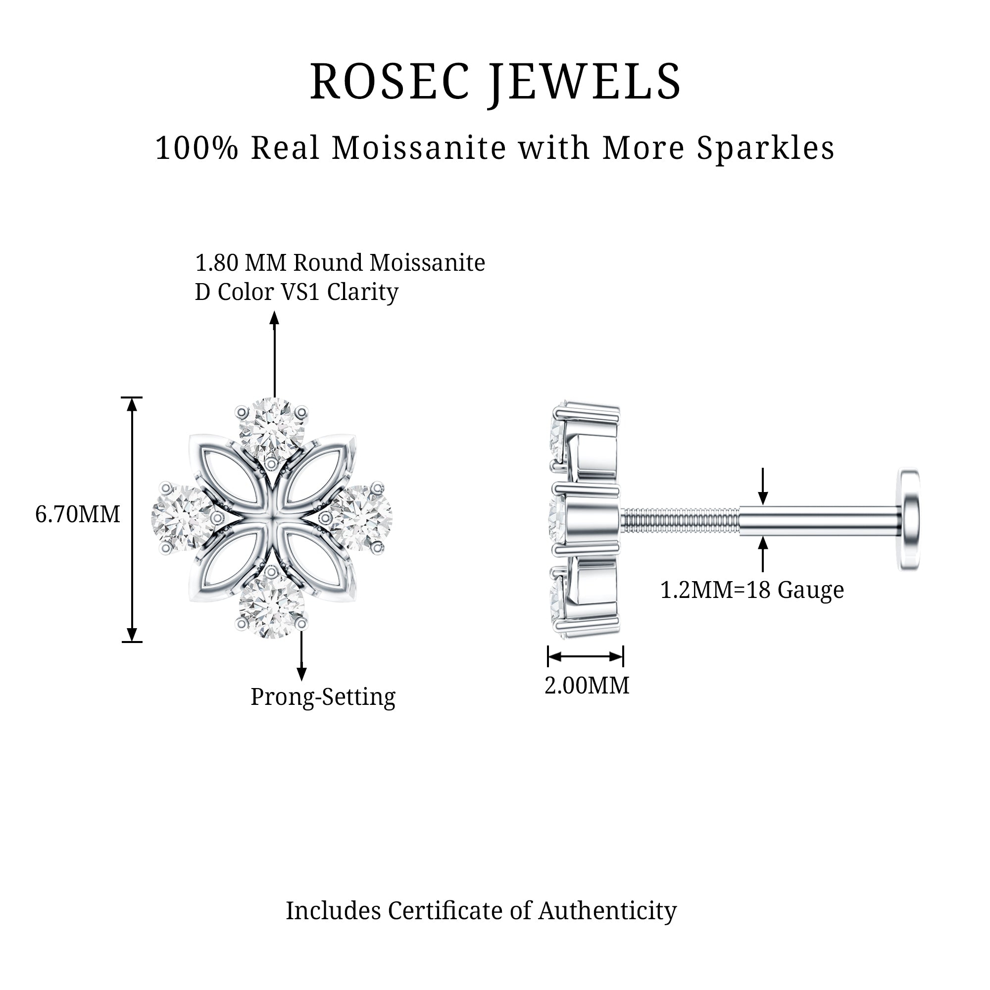 Round Moissanite Flower Earring for Cartilage Piercing D-VS1 - Rosec Jewels