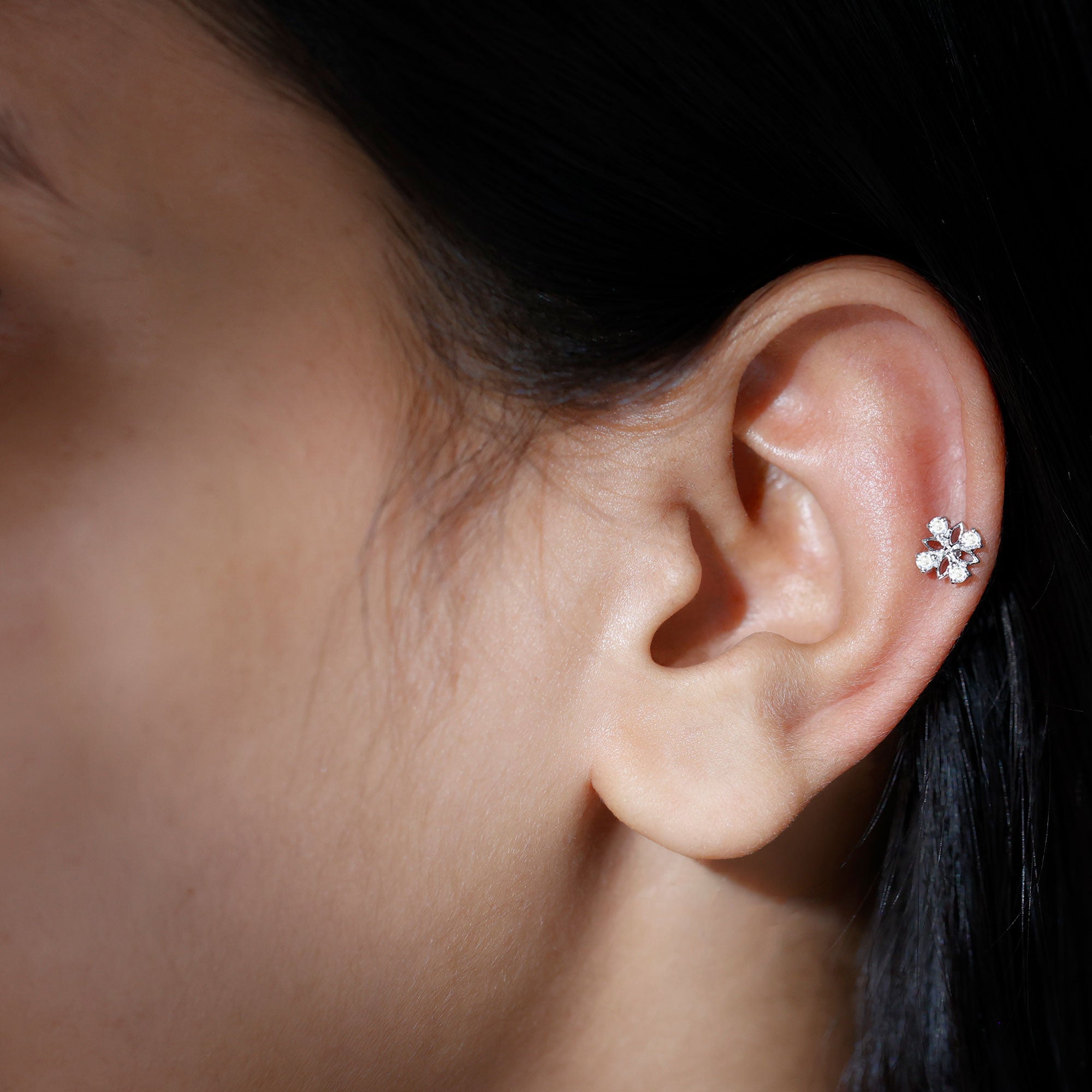 Round Moissanite Flower Earring for Cartilage Piercing D-VS1 - Rosec Jewels