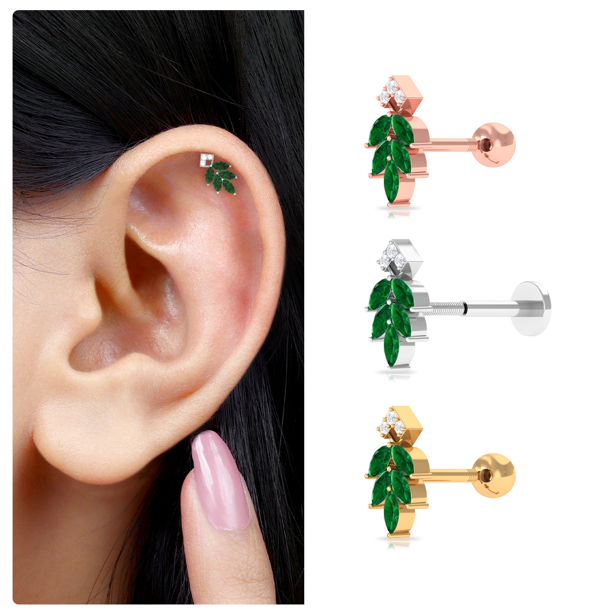 Real Emerald and Diamond Leaf Cartilage Earring AAA - Rosec Jewels
