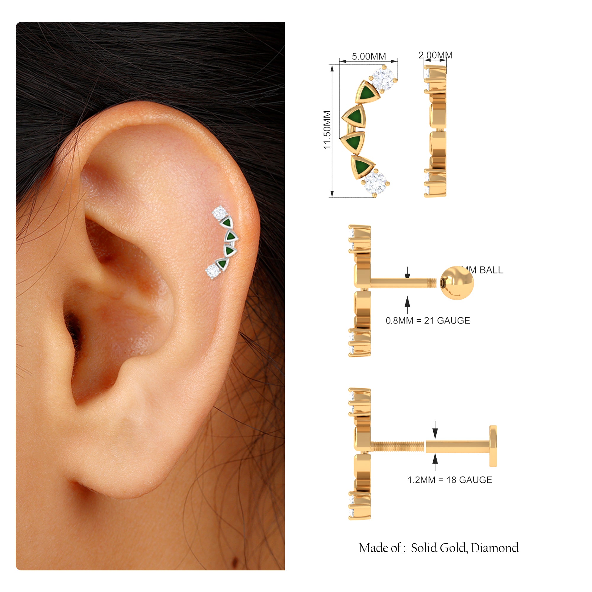 Round Cut Diamond Crawler Helix Earring with Green Enamel Natural - ( HI-SI ) - Rosec Jewels
