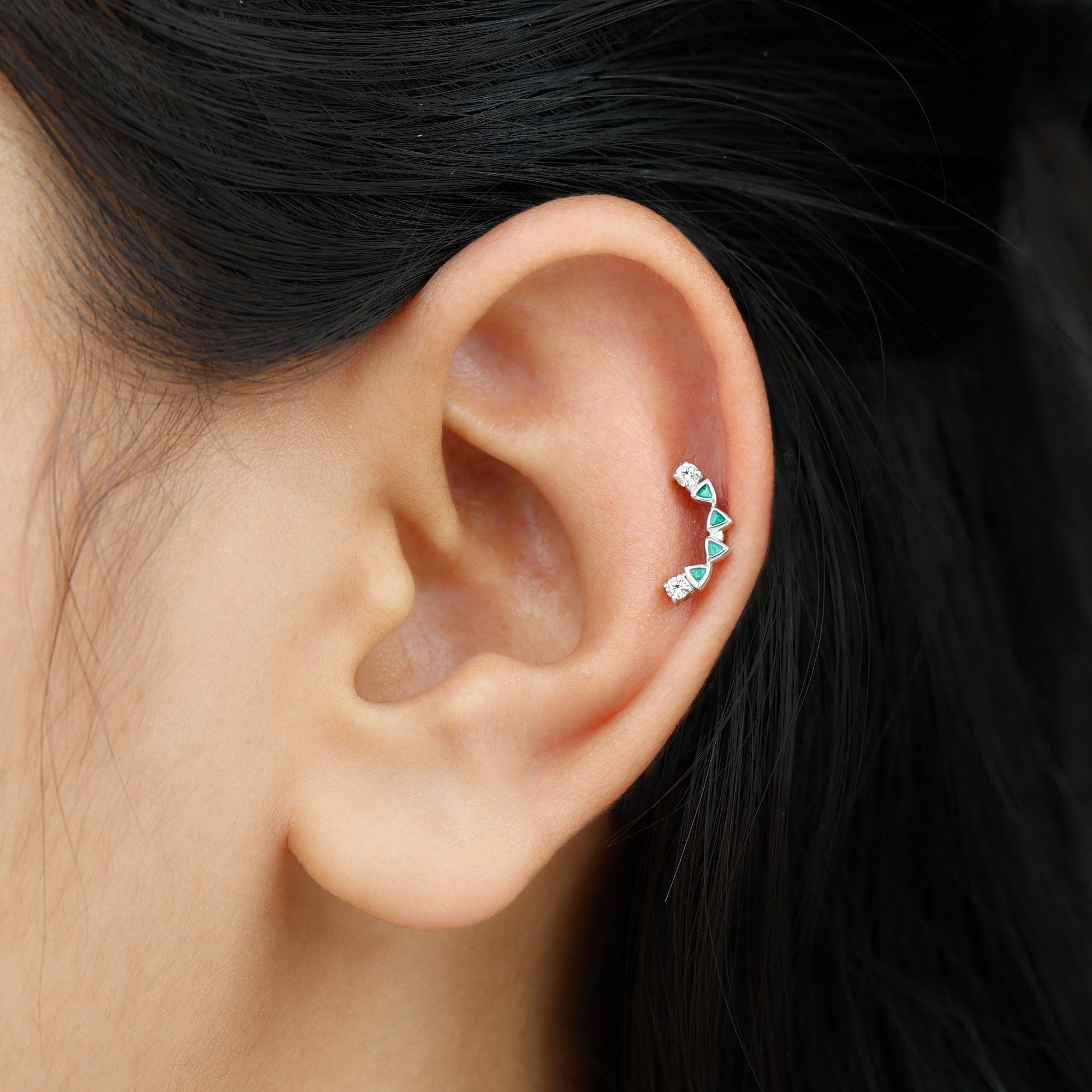 Round Cut Diamond Crawler Helix Earring with Green Enamel Natural - ( HI-SI ) - Rosec Jewels
