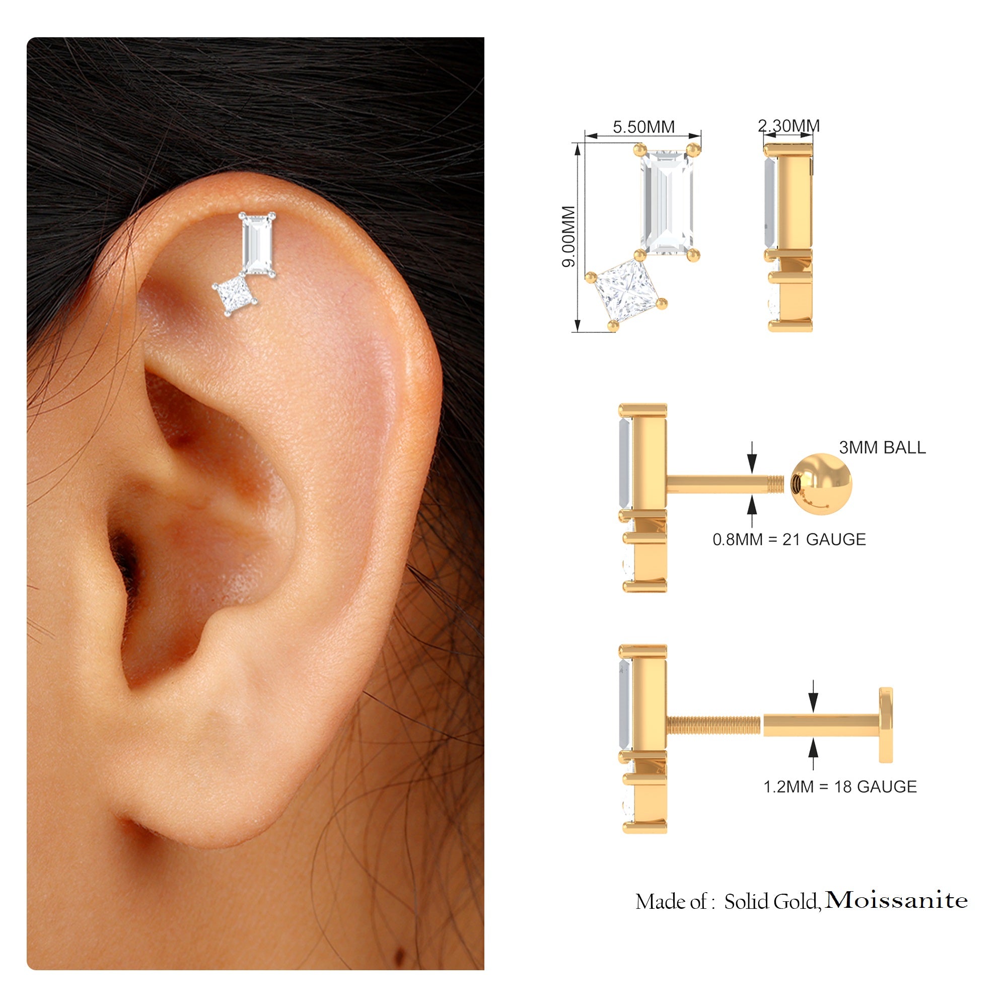 Baguette and Princess Cut Moissanite 2 Stone Helix Earring D-VS1 - Rosec Jewels