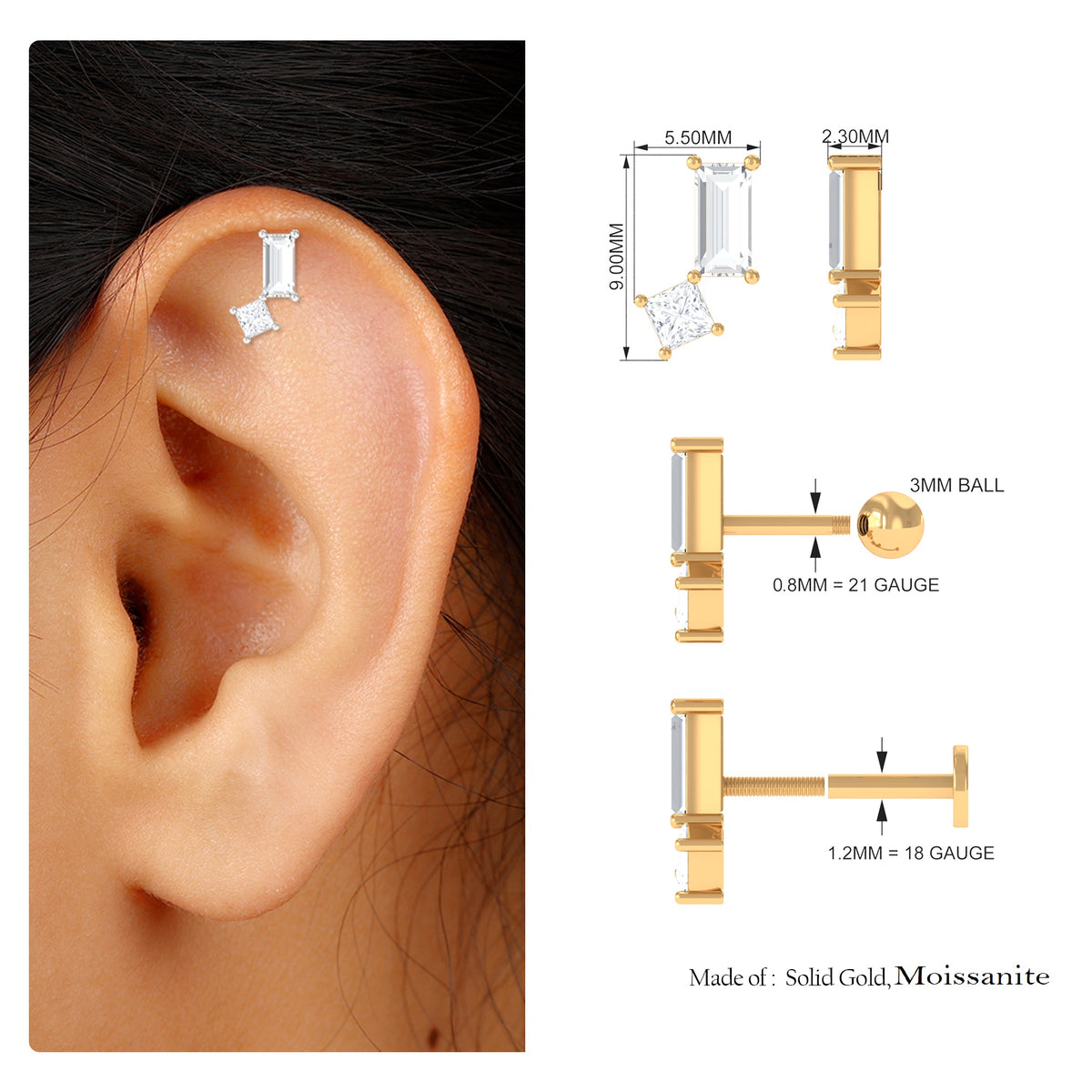 Baguette and Princess Cut Moissanite 2 Stone Helix Earring D-VS1 - Rosec Jewels