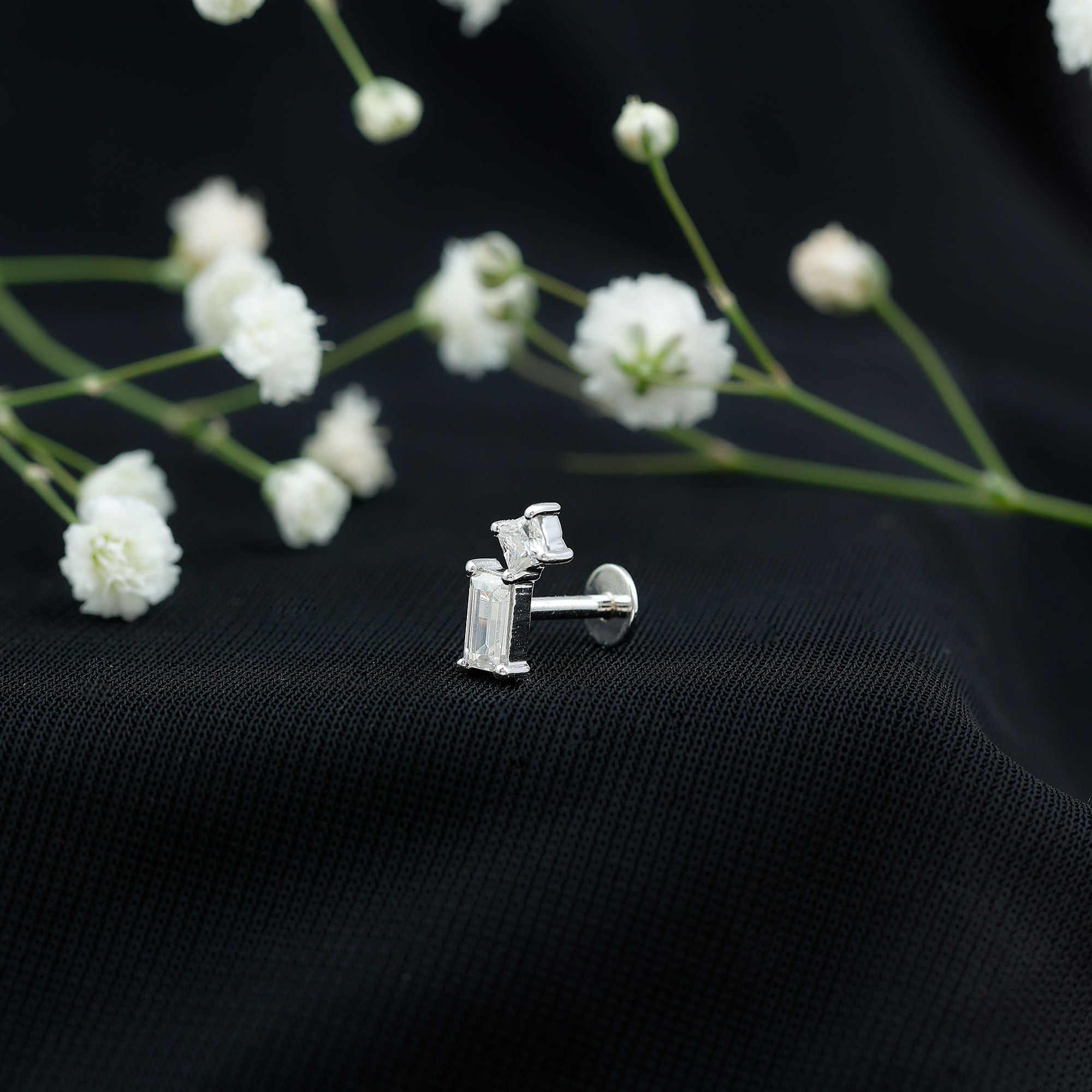 Baguette and Princess Cut Moissanite 2 Stone Helix Earring D-VS1 - Rosec Jewels