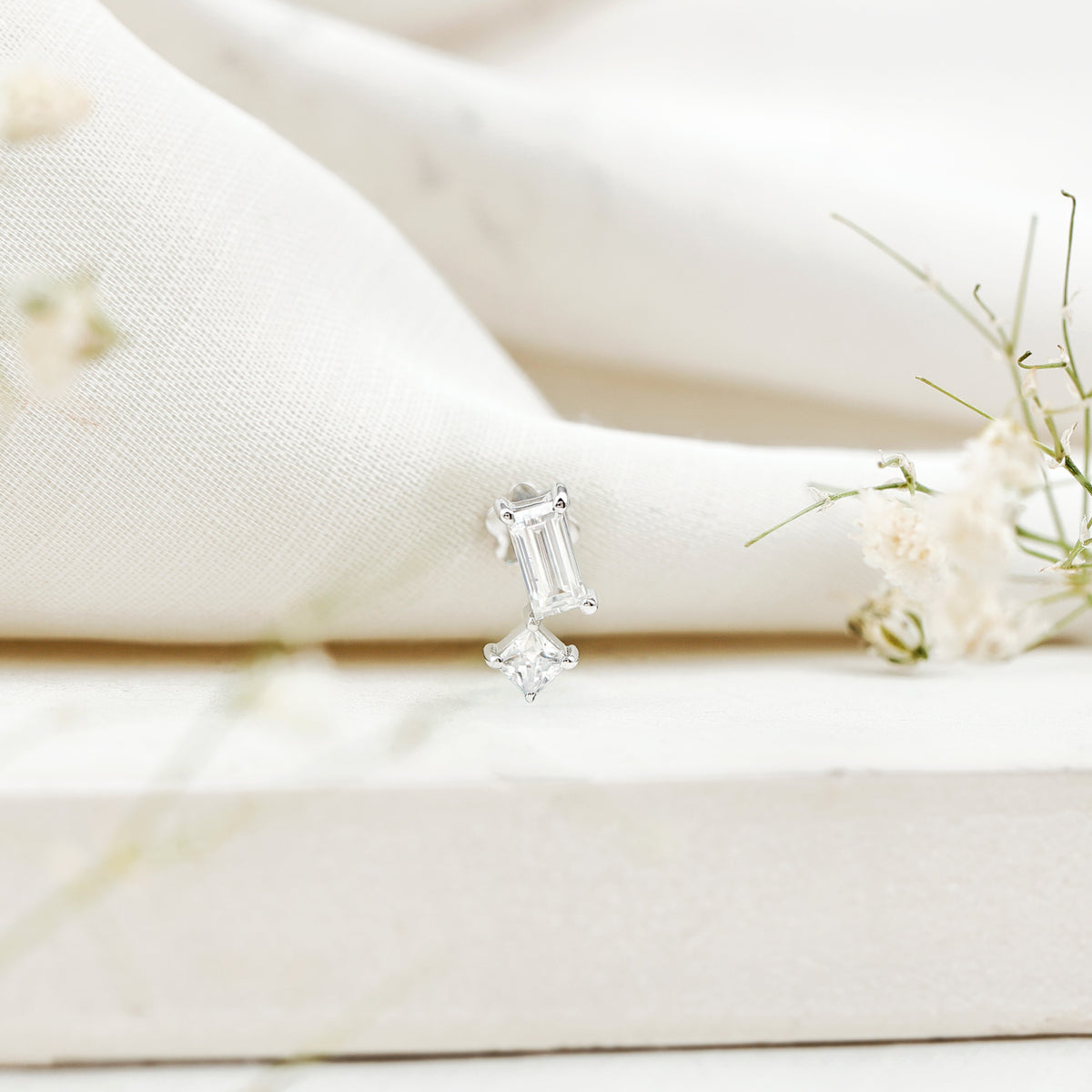 Baguette and Princess Cut Moissanite 2 Stone Helix Earring D-VS1 - Rosec Jewels