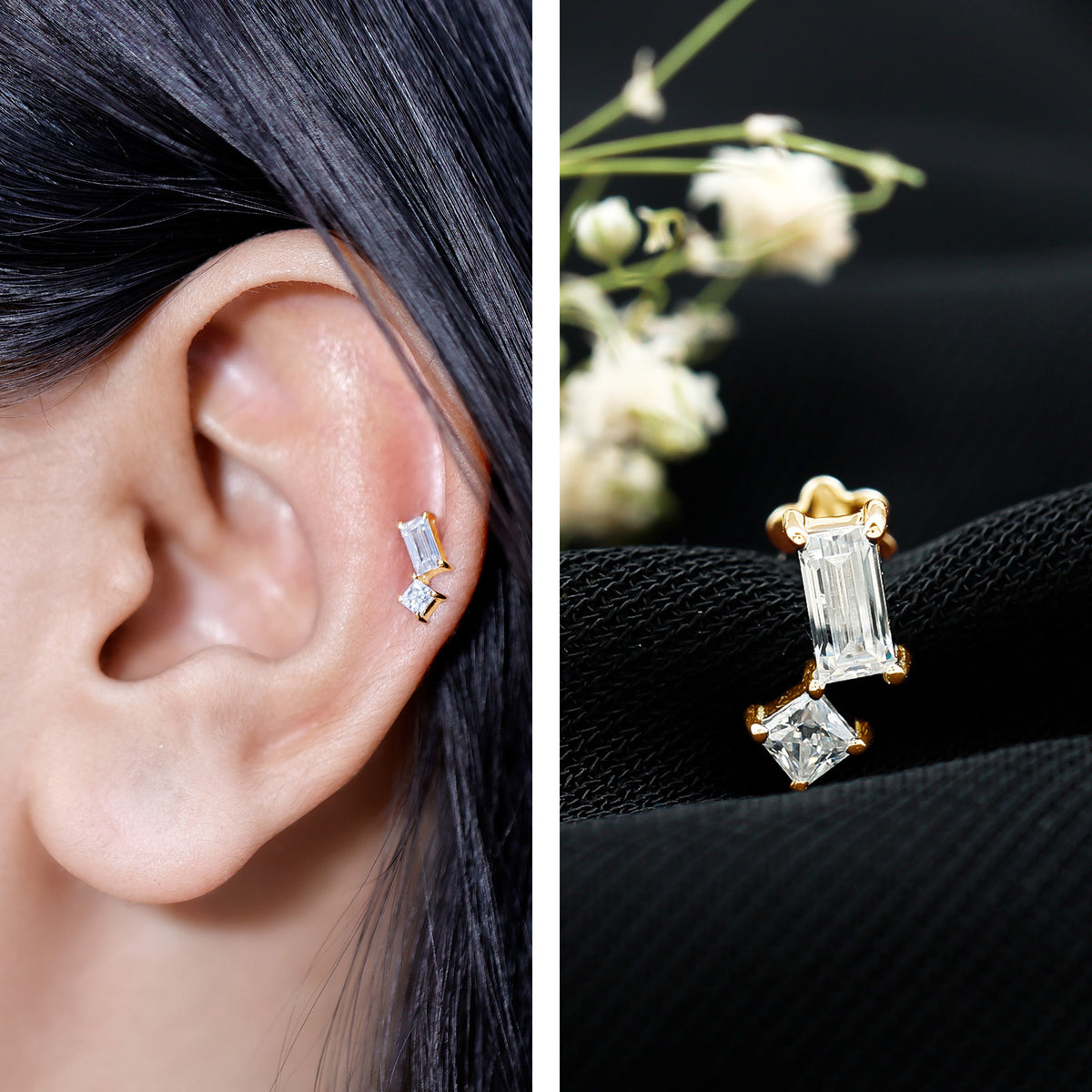Baguette and Princess Cut Moissanite 2 Stone Helix Earring D-VS1 - Rosec Jewels