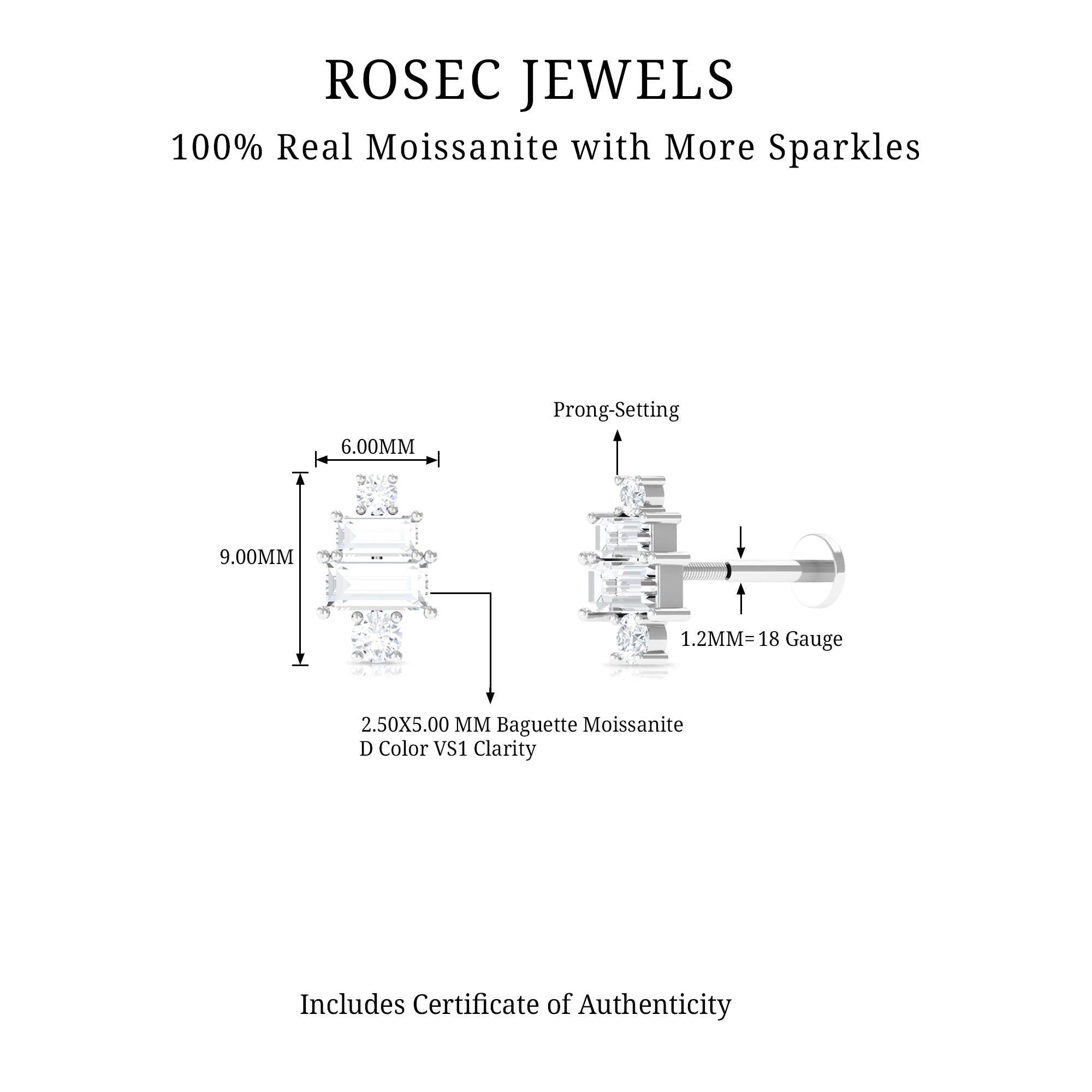 Baguette and Round Moissanite Designer Earring for Helix Piercing D-VS1 - Rosec Jewels