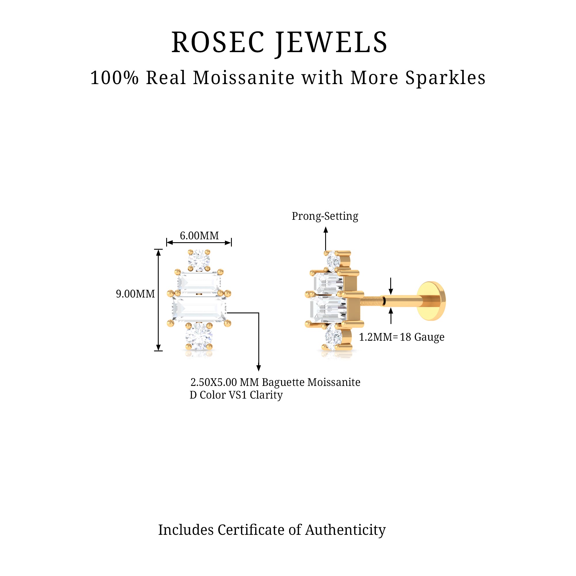 Baguette and Round Moissanite Designer Earring for Helix Piercing D-VS1 - Rosec Jewels