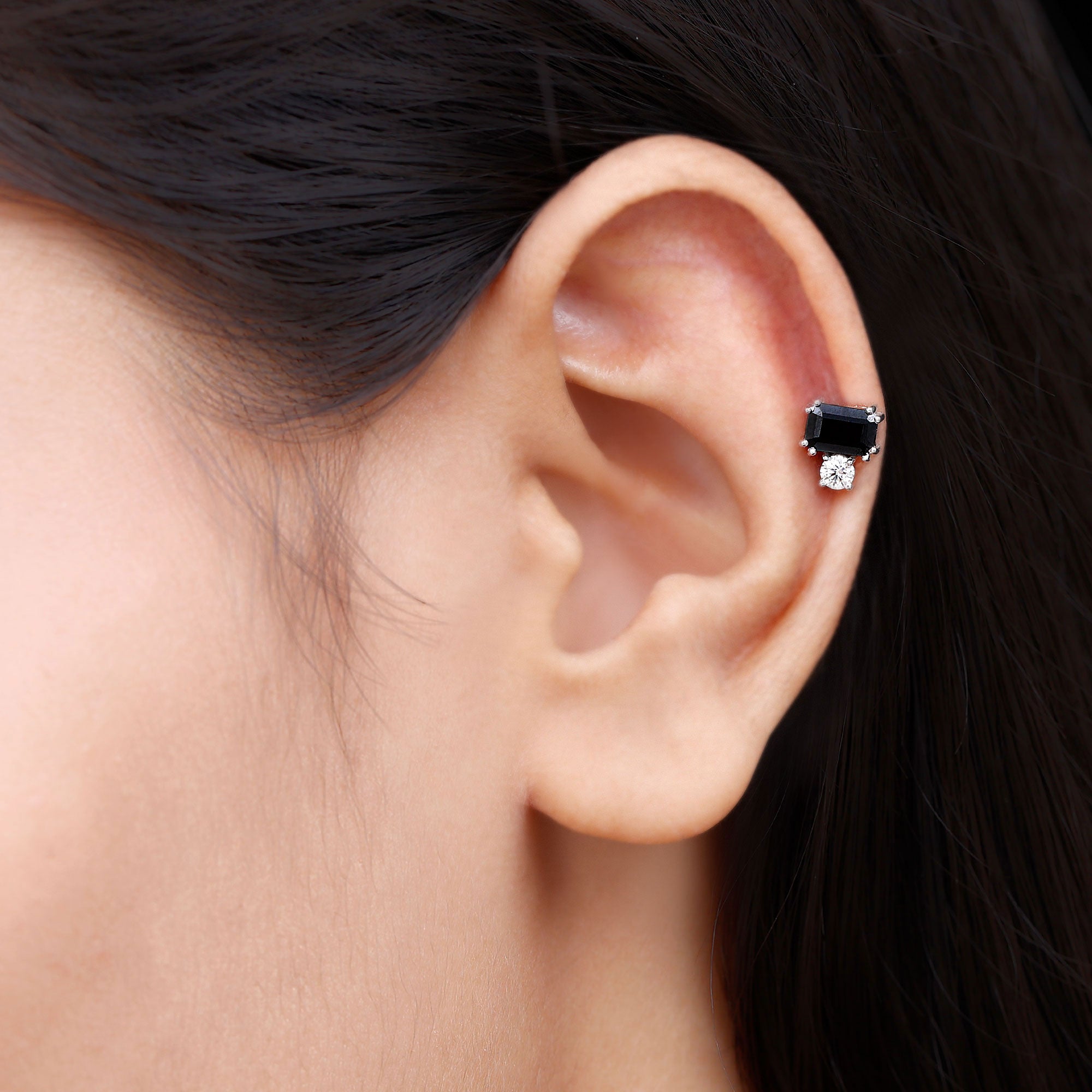 Lab Grown Black and White Diamond Helix Piercing Earring AAAA ( Synthetic ) - Rosec Jewels