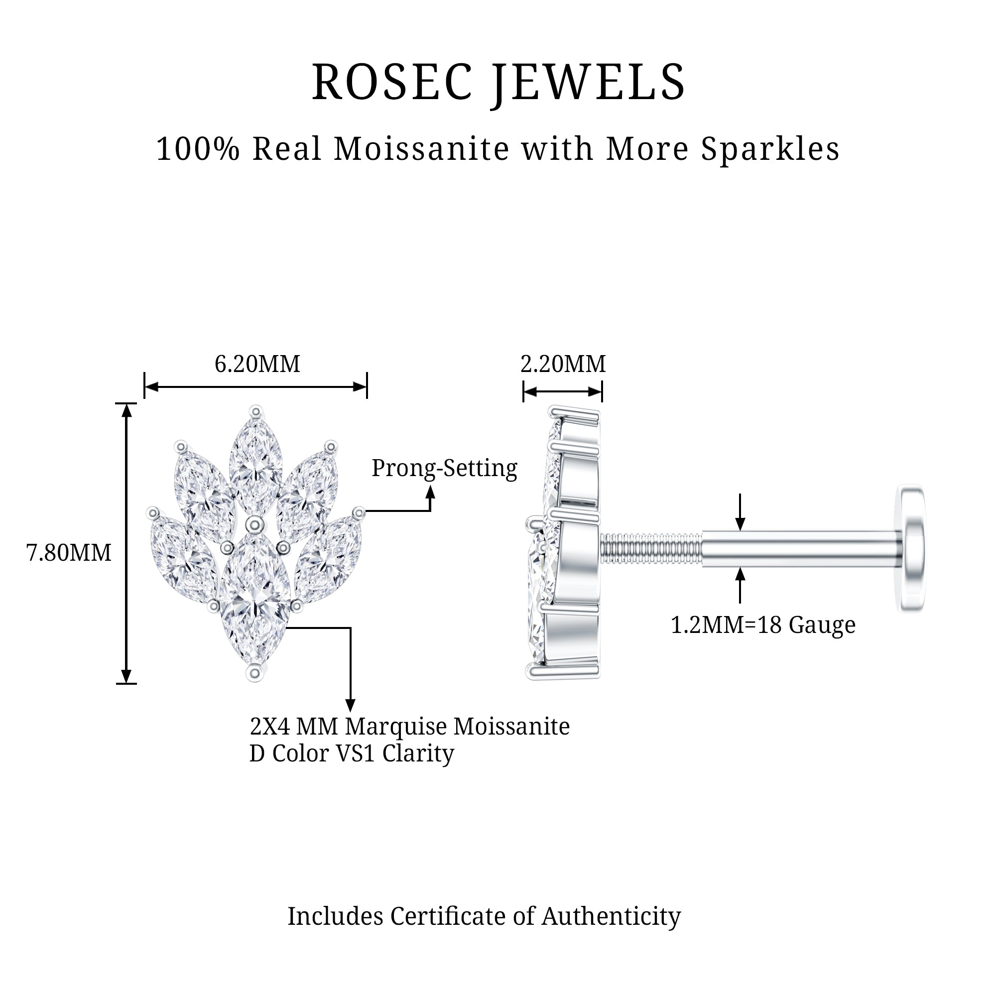 Marquise Moissanite Cluster Leaf Earring for Cartilage Piercing D-VS1 - Rosec Jewels