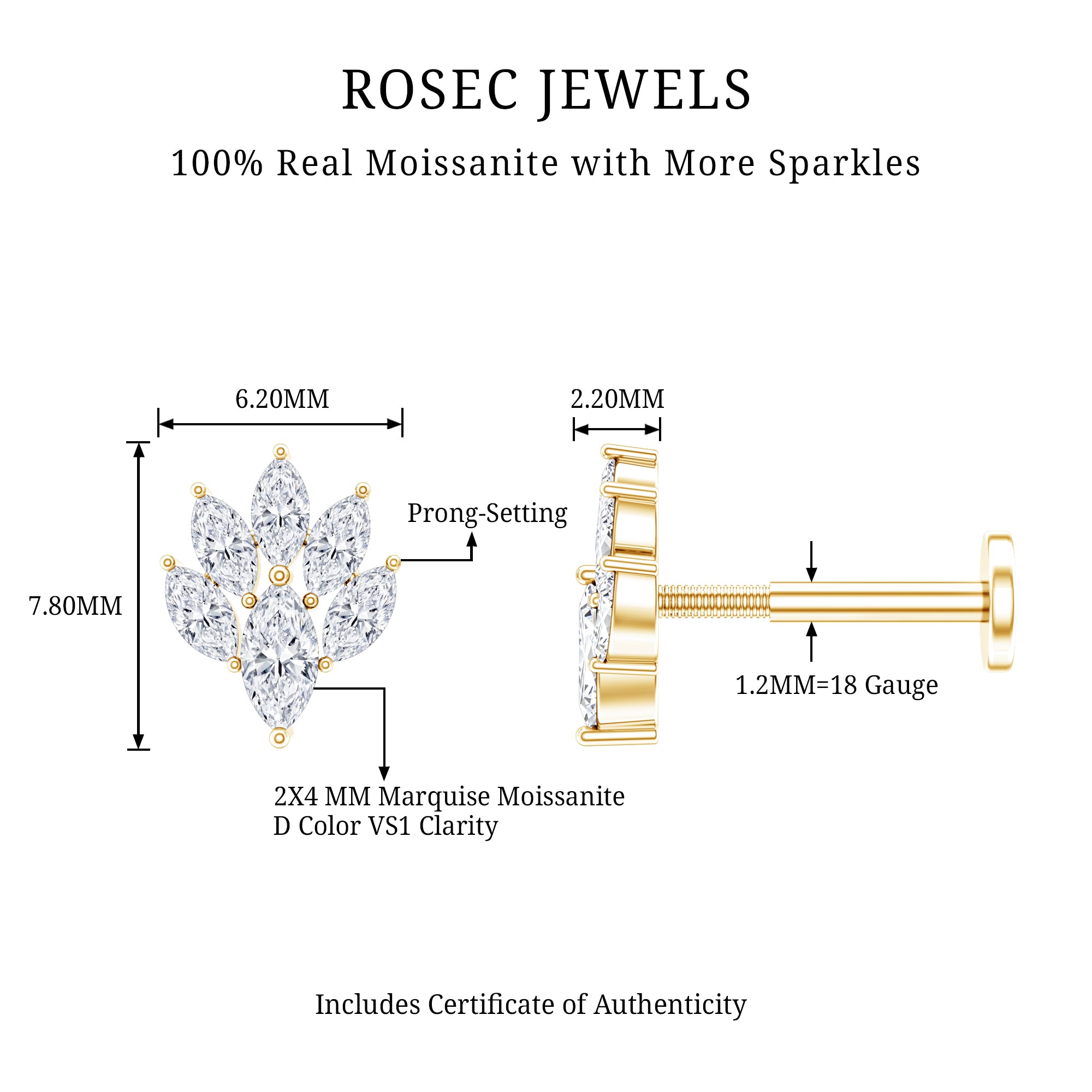 Marquise Moissanite Cluster Leaf Earring for Cartilage Piercing D-VS1 - Rosec Jewels