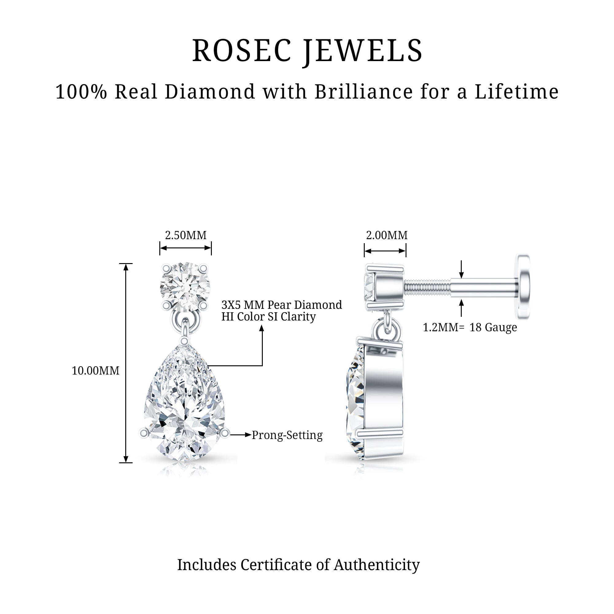 Pear and Round Cut Diamond Stud Drop Helix Earring Natural - ( HI-SI ) - Rosec Jewels