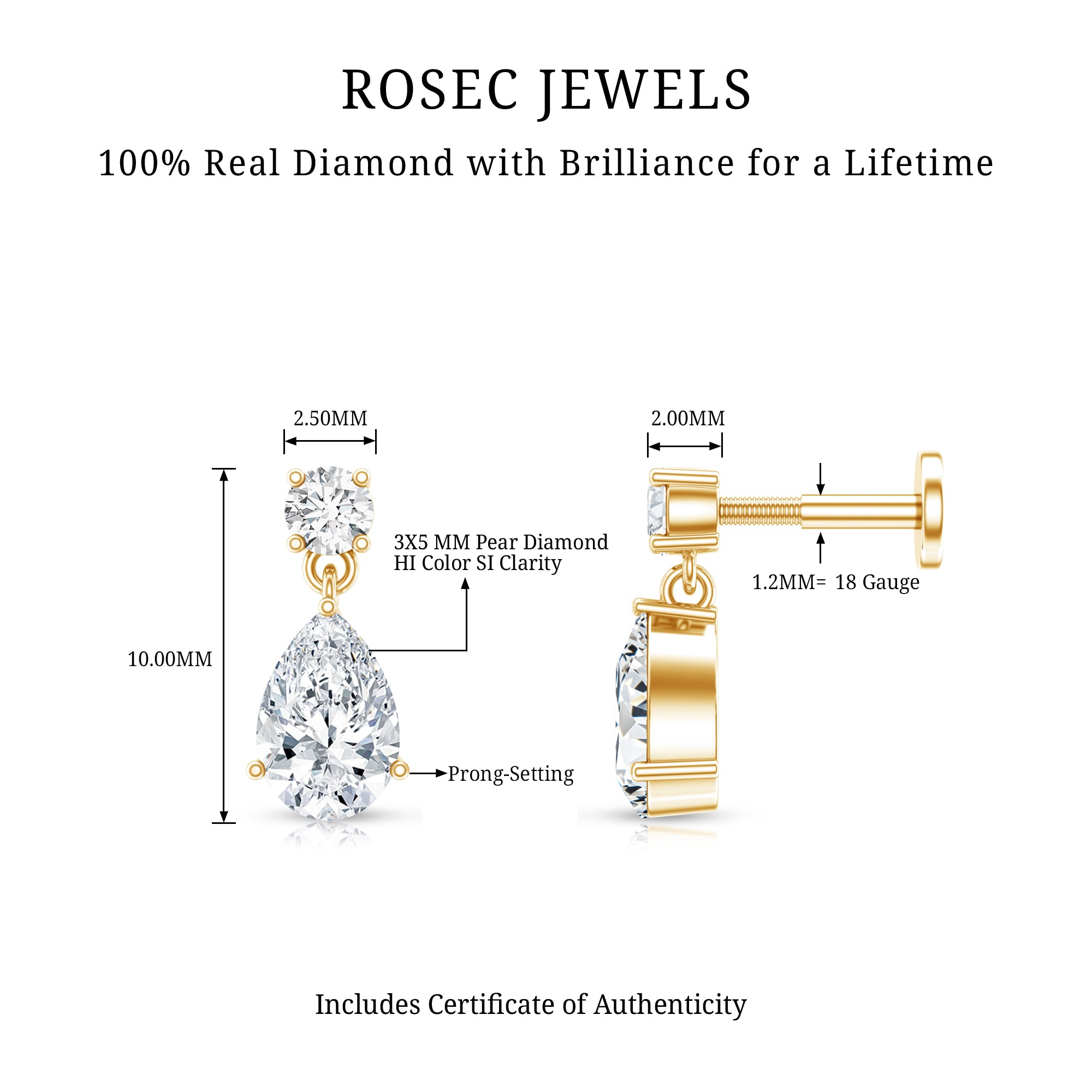 Pear and Round Cut Diamond Stud Drop Helix Earring Natural - ( HI-SI ) - Rosec Jewels