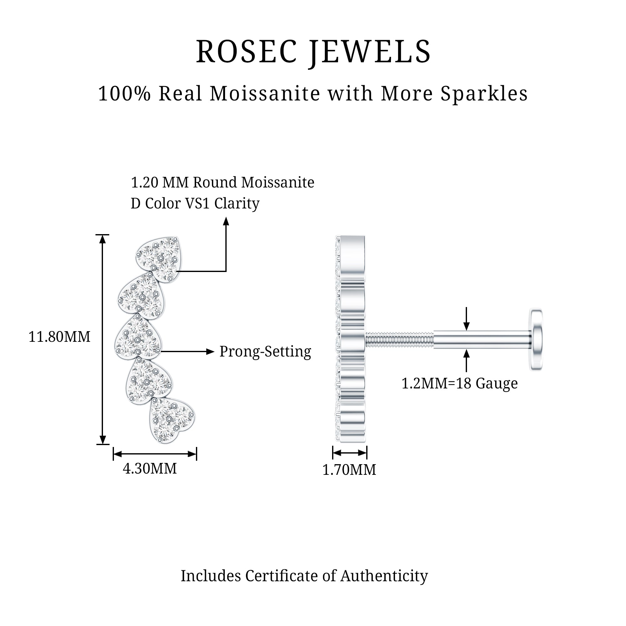 Certified Moissanite Heart Curved Crawler Earring D-VS1 - Rosec Jewels
