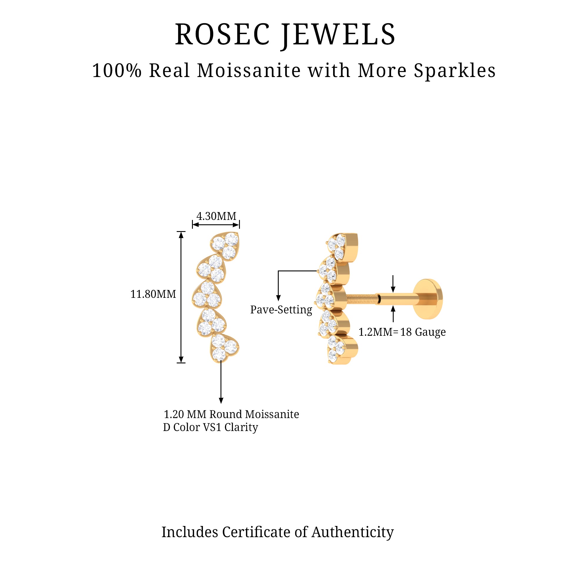 Certified Moissanite Heart Curved Crawler Earring D-VS1 - Rosec Jewels