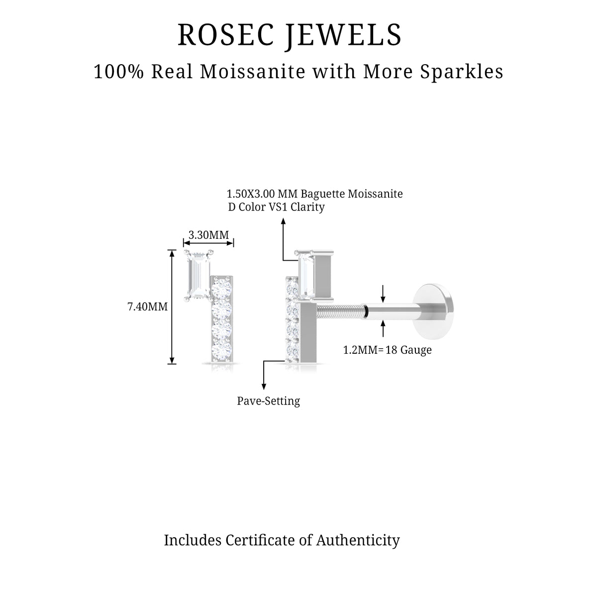 Moissanite Unique Bar Earring for Tragus Piercing D-VS1 - Rosec Jewels