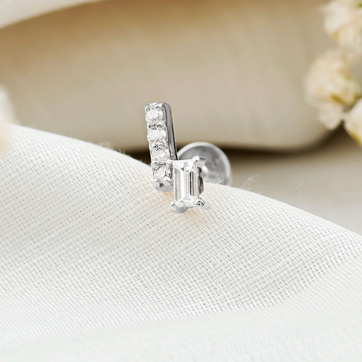 Moissanite Unique Bar Earring for Tragus Piercing D-VS1 - Rosec Jewels
