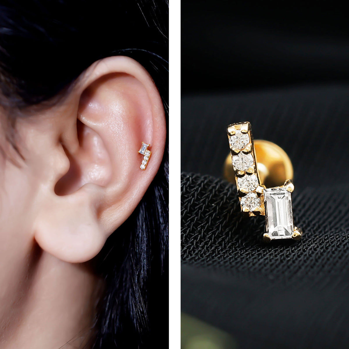 Moissanite Unique Bar Earring for Tragus Piercing D-VS1 - Rosec Jewels