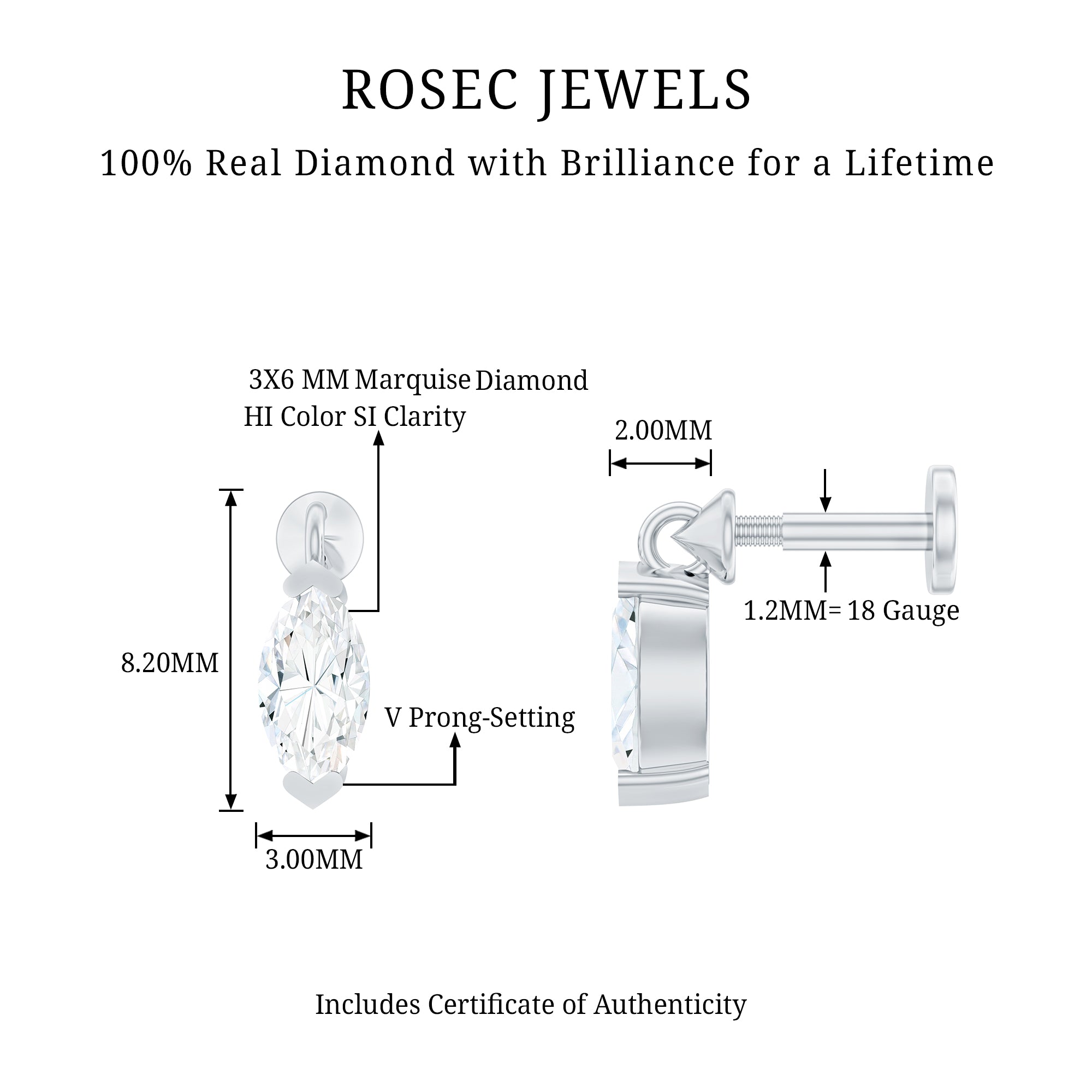 Marquise Diamond Cartilage Dangle Earring Natural - ( HI-SI ) - Rosec Jewels