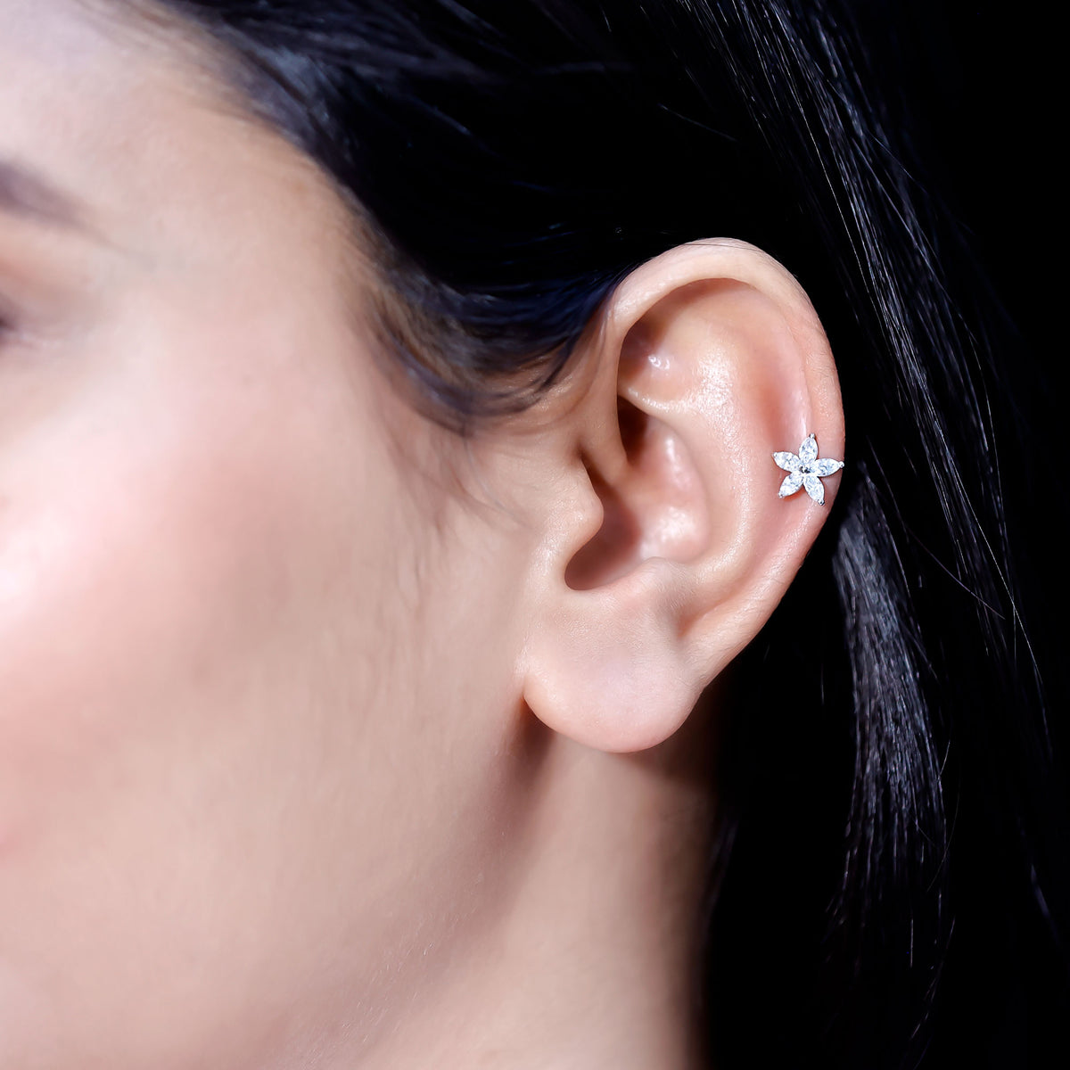 Marquise Cut Moissanite Floral Earring for Cartilage Piercing D-VS1 - Rosec Jewels