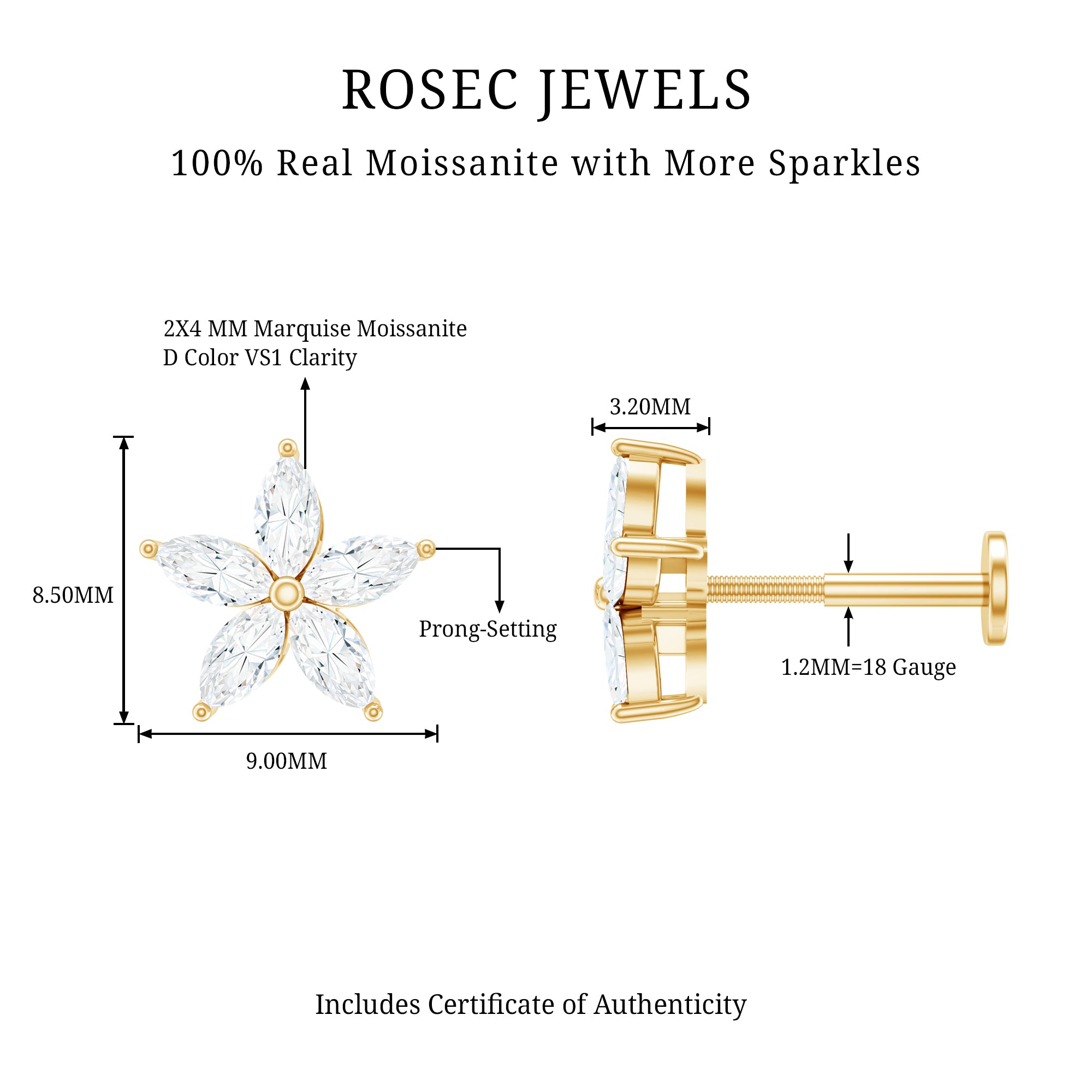 Marquise Cut Moissanite Floral Earring for Cartilage Piercing D-VS1 - Rosec Jewels