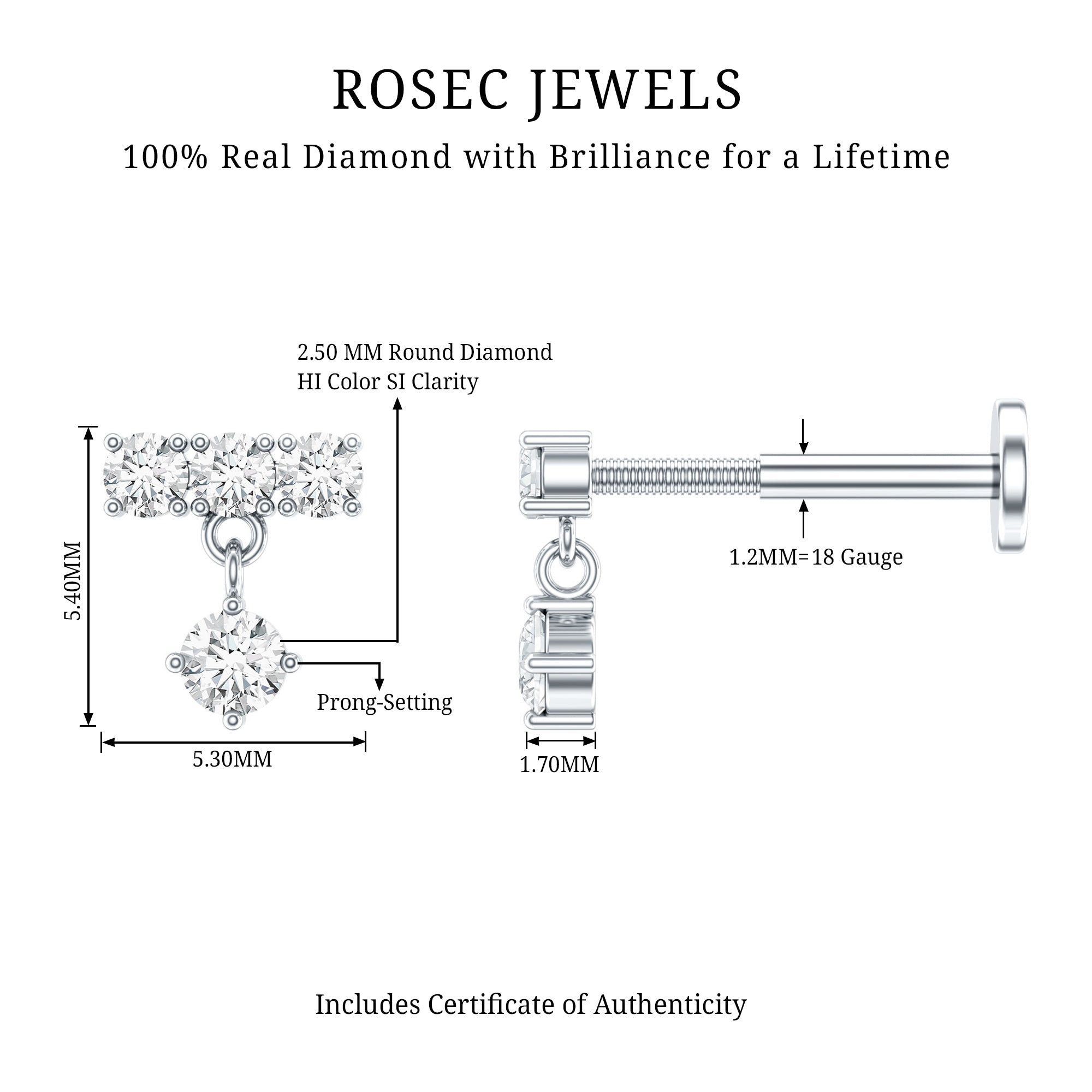 Womens Diamond Drop Earring for Helix Piercing Natural - ( HI-SI ) - Rosec Jewels
