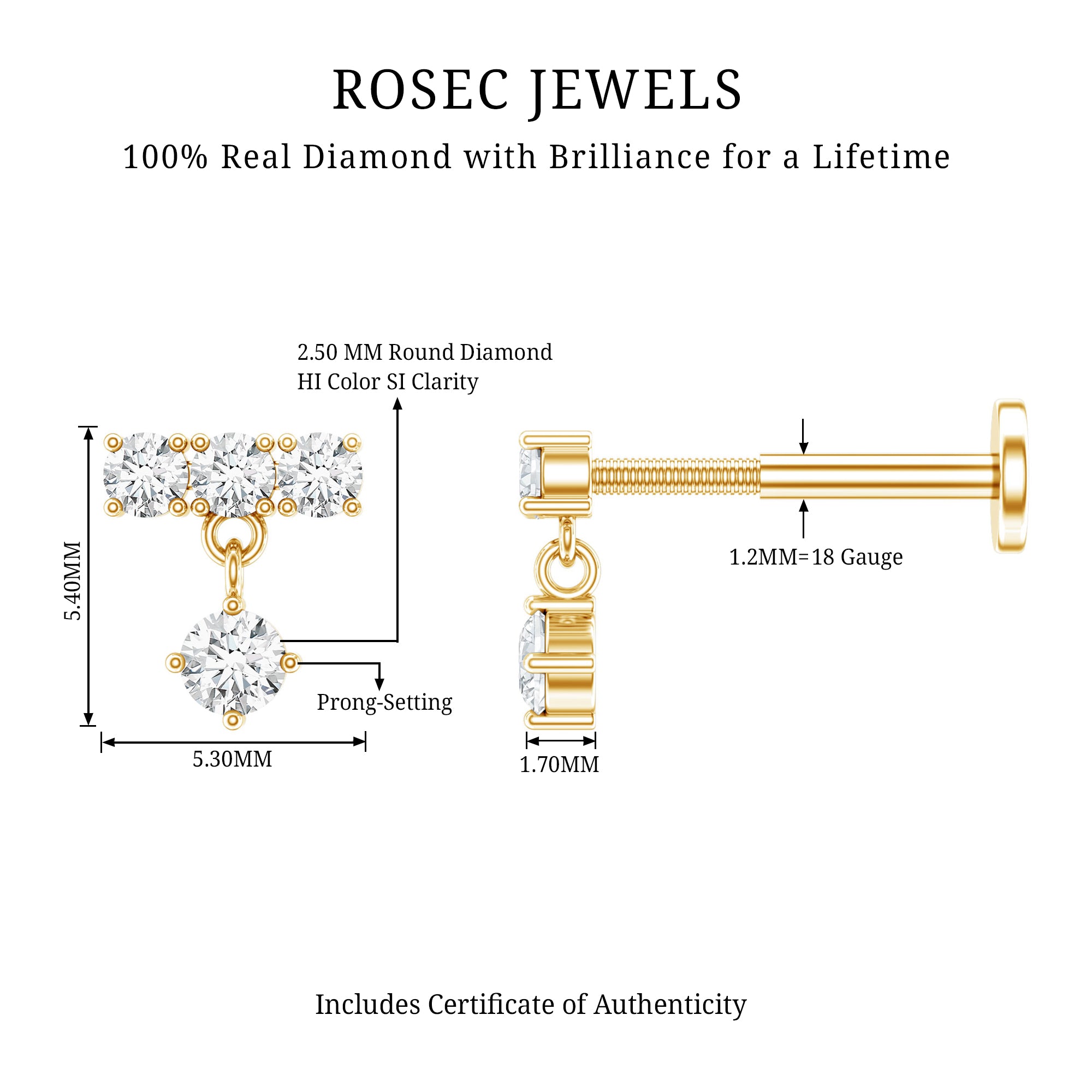 Womens Diamond Drop Earring for Helix Piercing Natural - ( HI-SI ) - Rosec Jewels