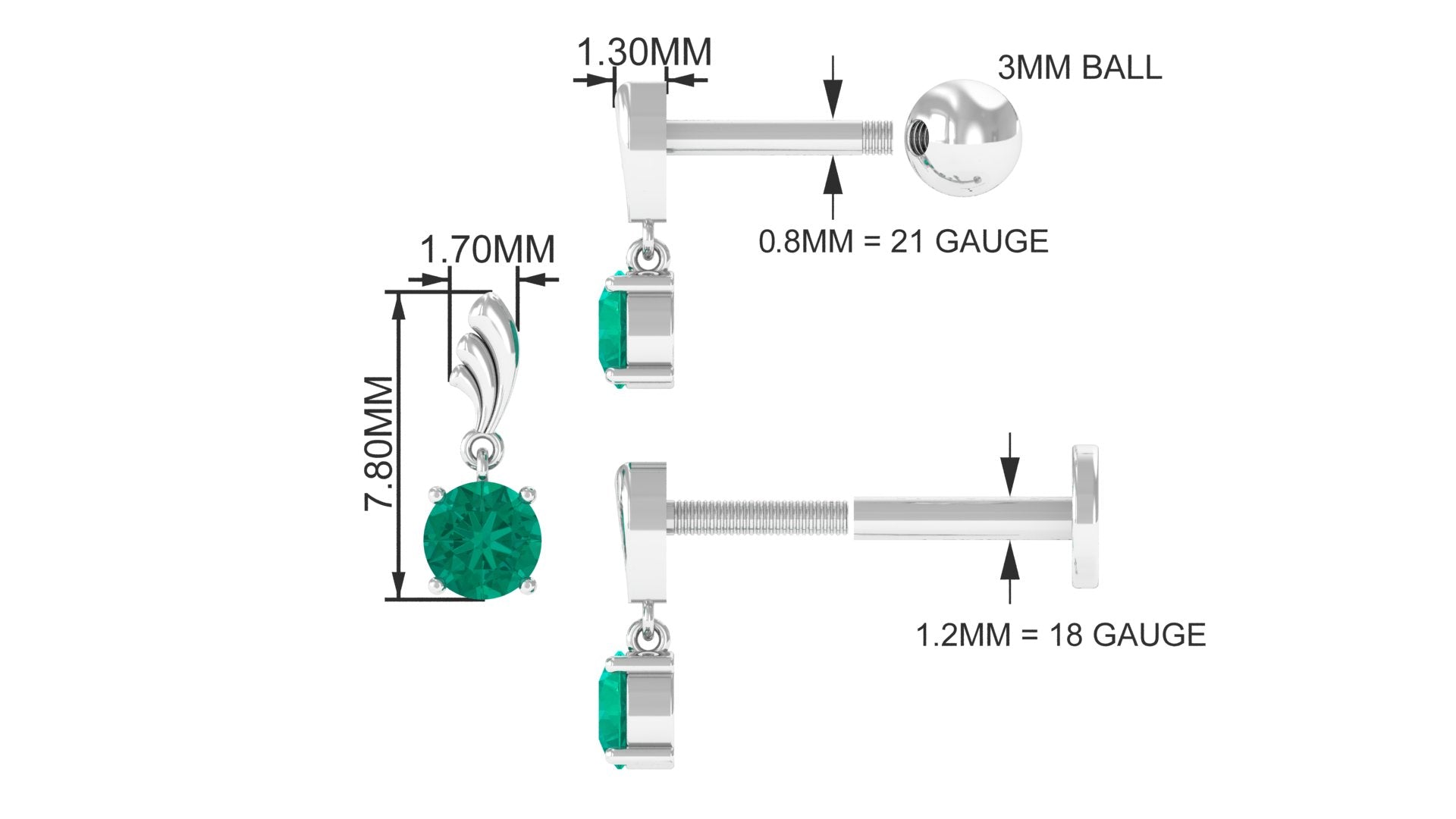 Rosec Jewels-Minimal Emerald Drop Earring for Tragus Piercing