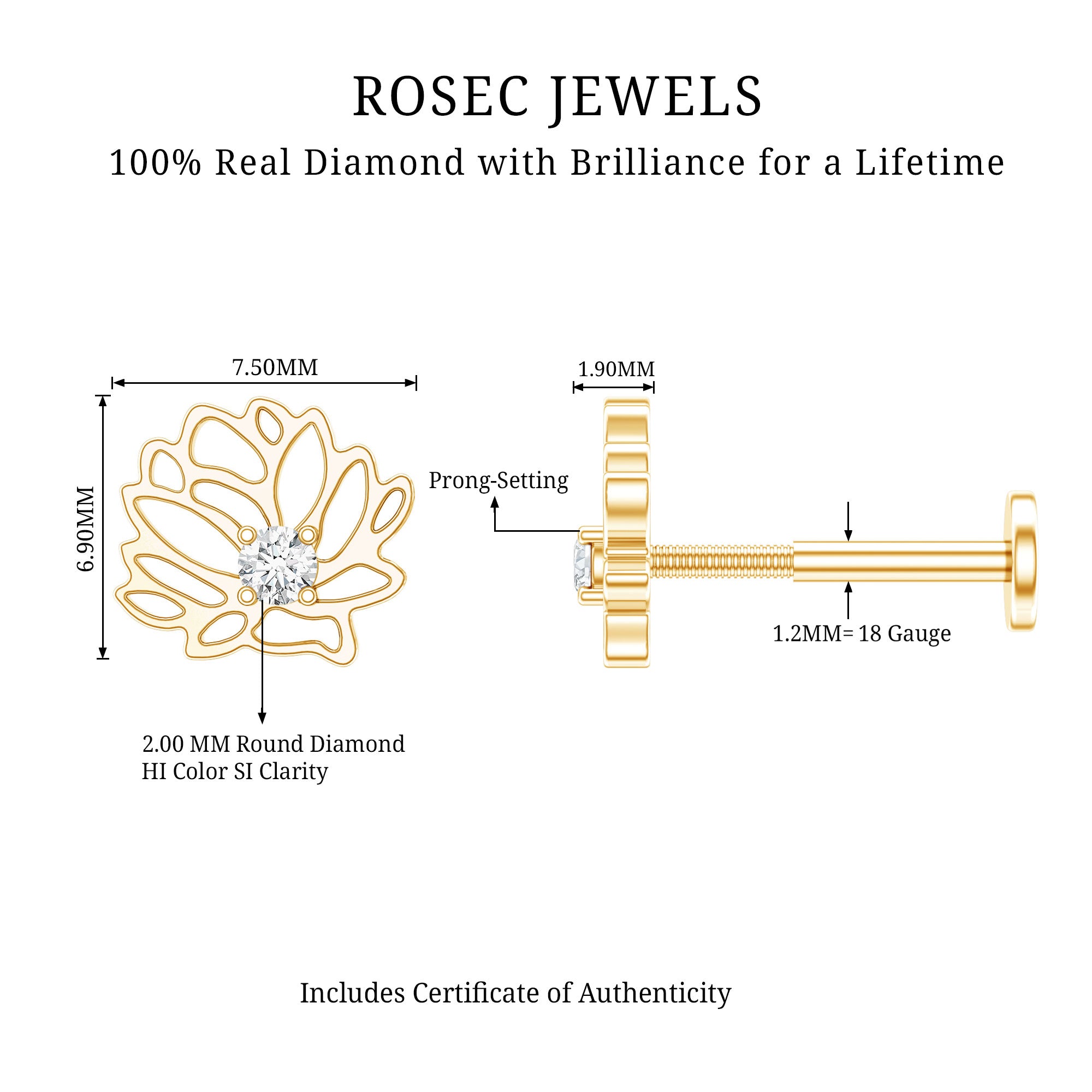 Diamond Lotus Flower Earring for Conch Piercing Natural - ( HI-SI ) - Rosec Jewels