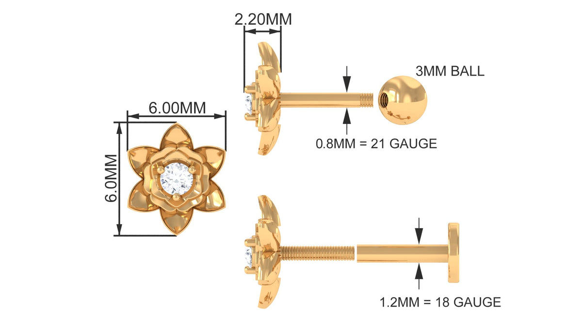Diamond Lotus Flower Earring for Helix Piercing Natural - ( HI-SI ) - Rosec Jewels