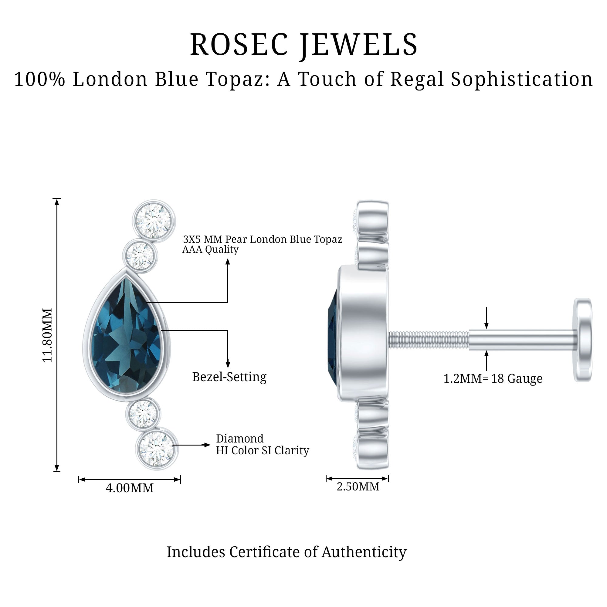 London Blue Topaz Ear Crawler Earring with Diamond AAA - Rosec Jewels