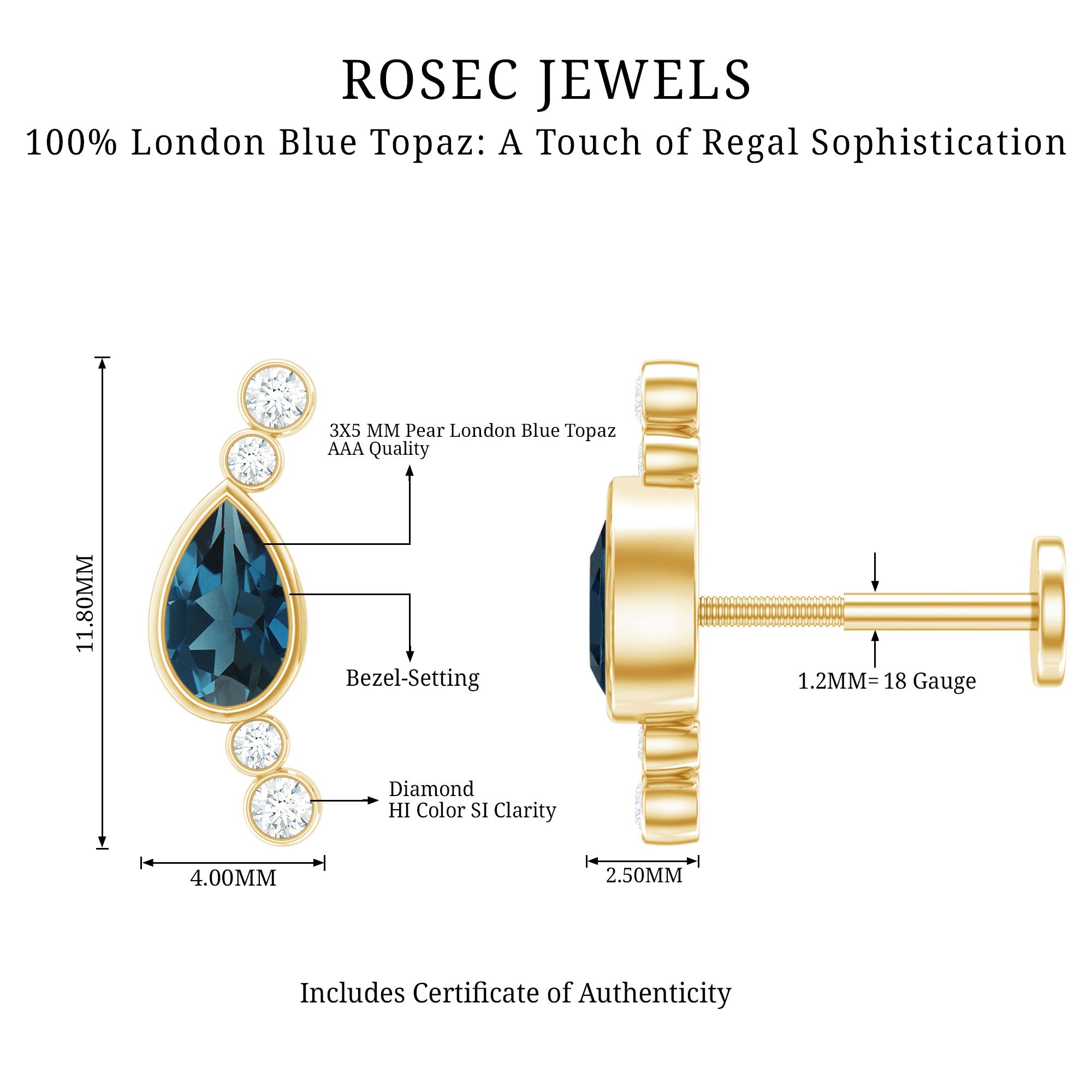 London Blue Topaz Ear Crawler Earring with Diamond AAA - Rosec Jewels