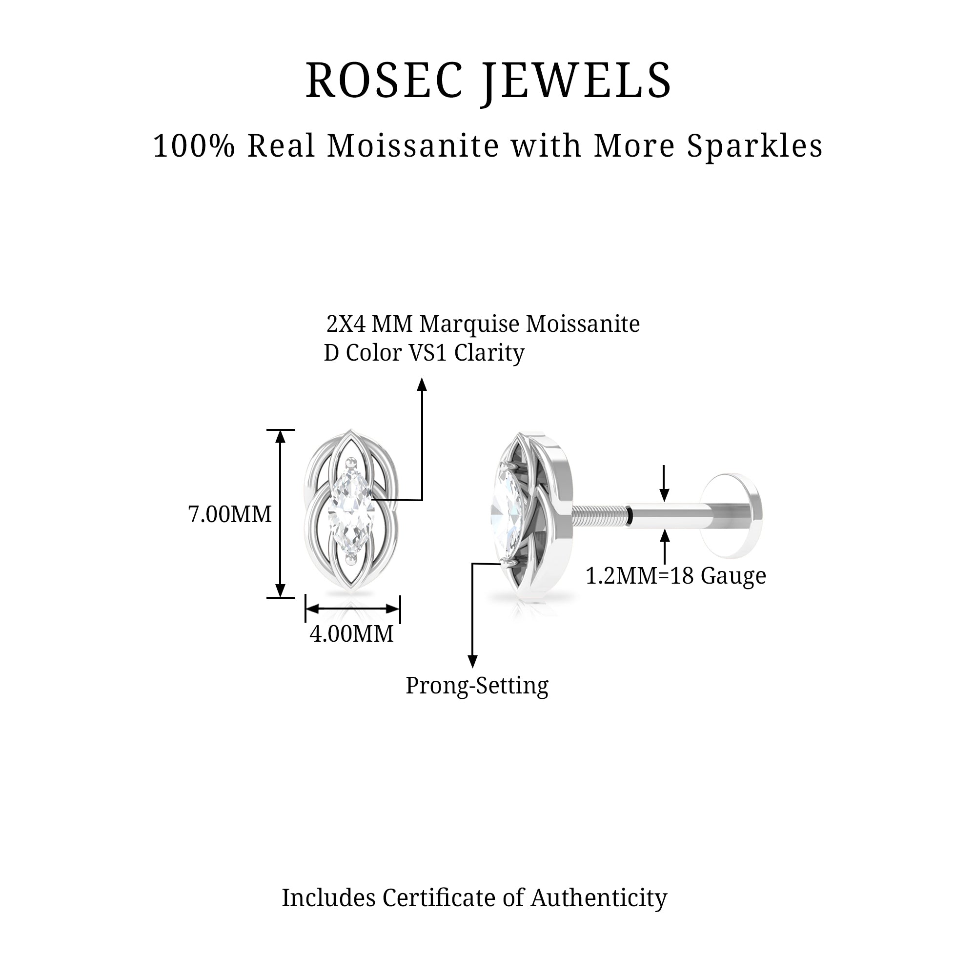 Minimal Marquise Cut Moissanite Cartilage Earring D-VS1 - Rosec Jewels