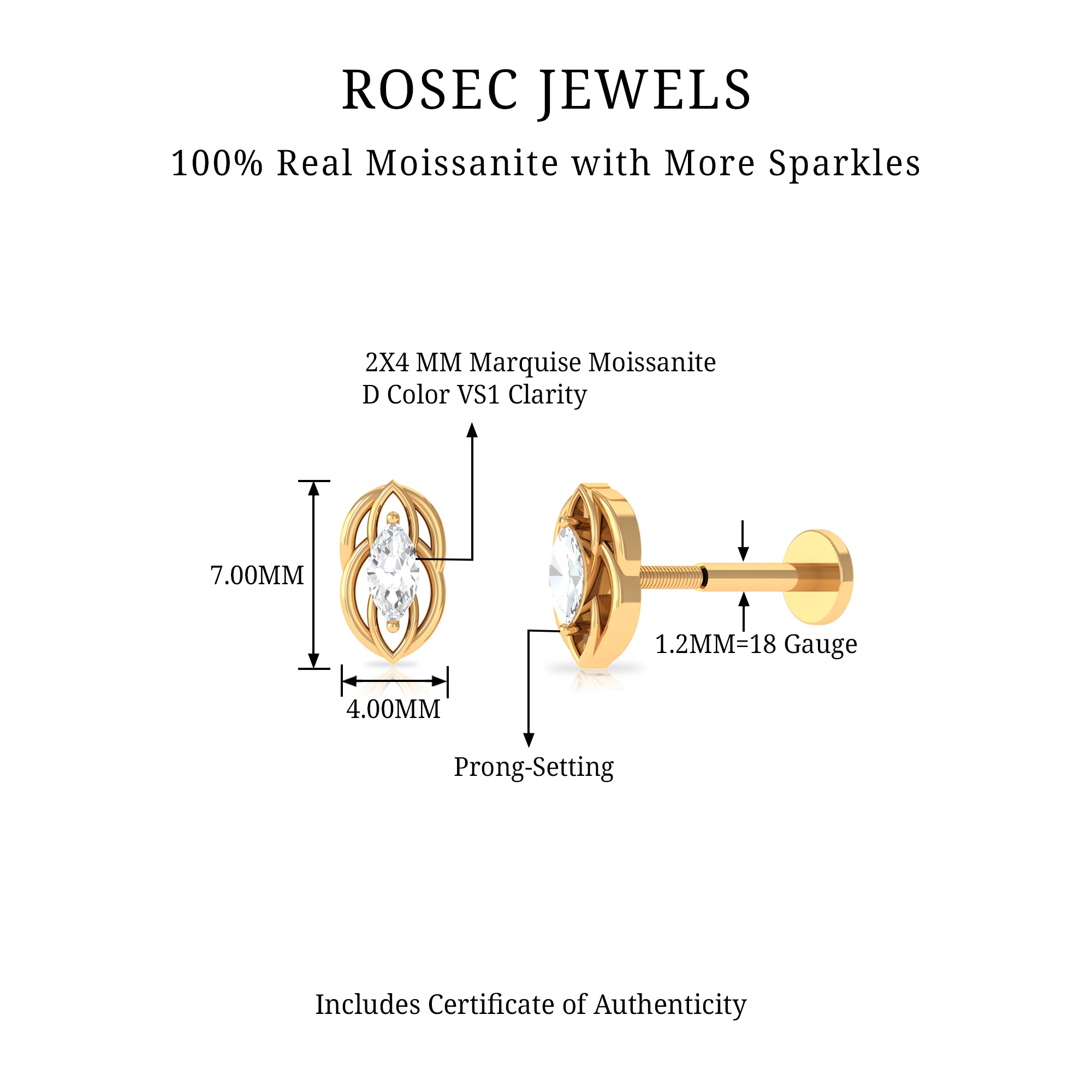 Minimal Marquise Cut Moissanite Cartilage Earring D-VS1 - Rosec Jewels