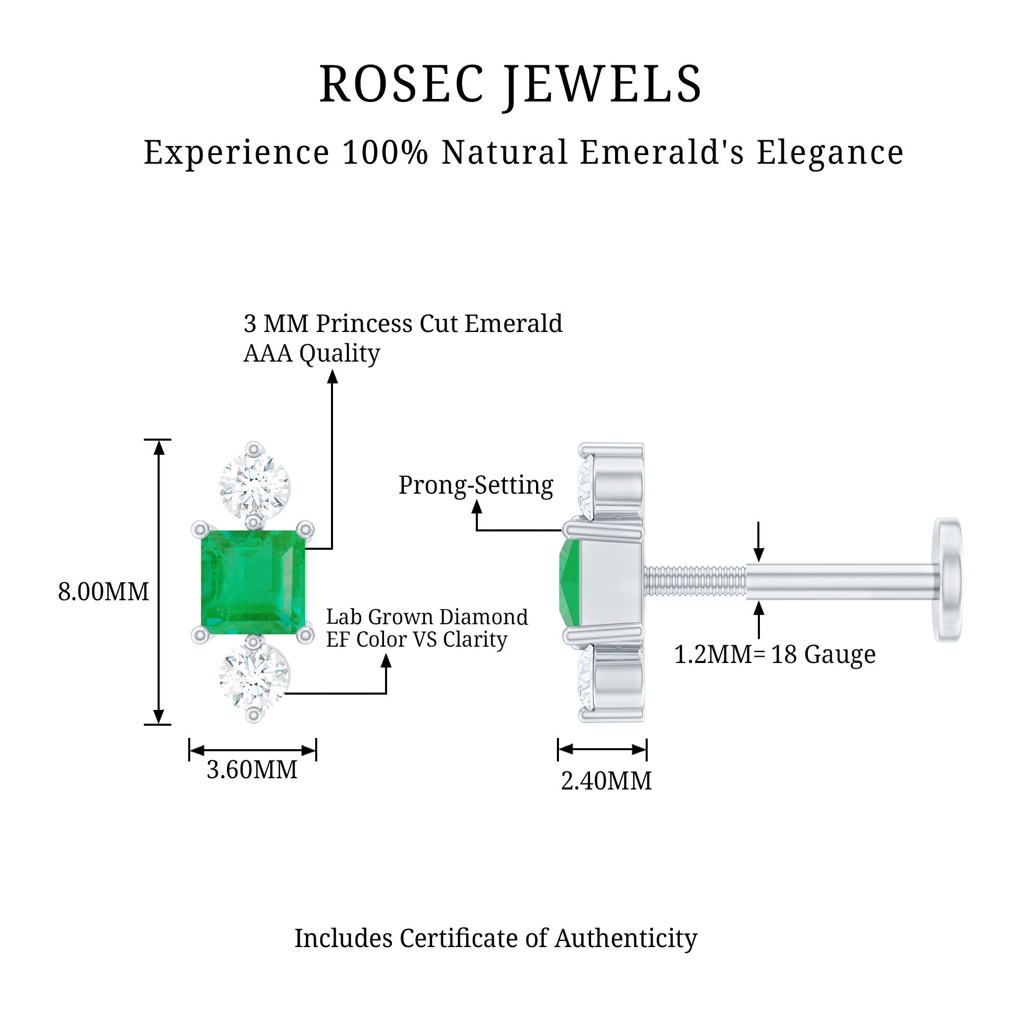 Natural Emerald and Lab Grown Diamond Helix Earring AAA - Rosec Jewels