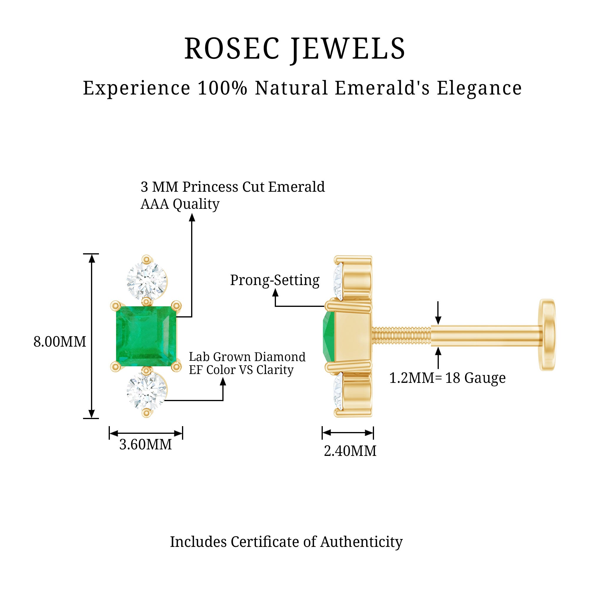 Natural Emerald and Lab Grown Diamond Helix Earring AAA - Rosec Jewels