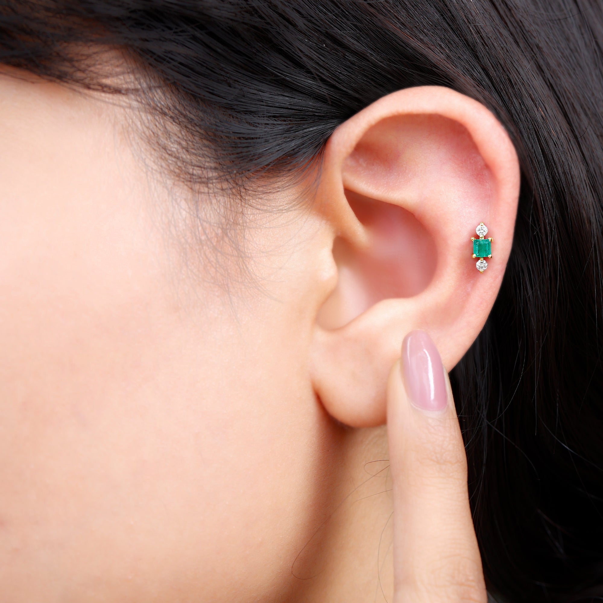 Natural Emerald and Lab Grown Diamond Helix Earring AAA - Rosec Jewels