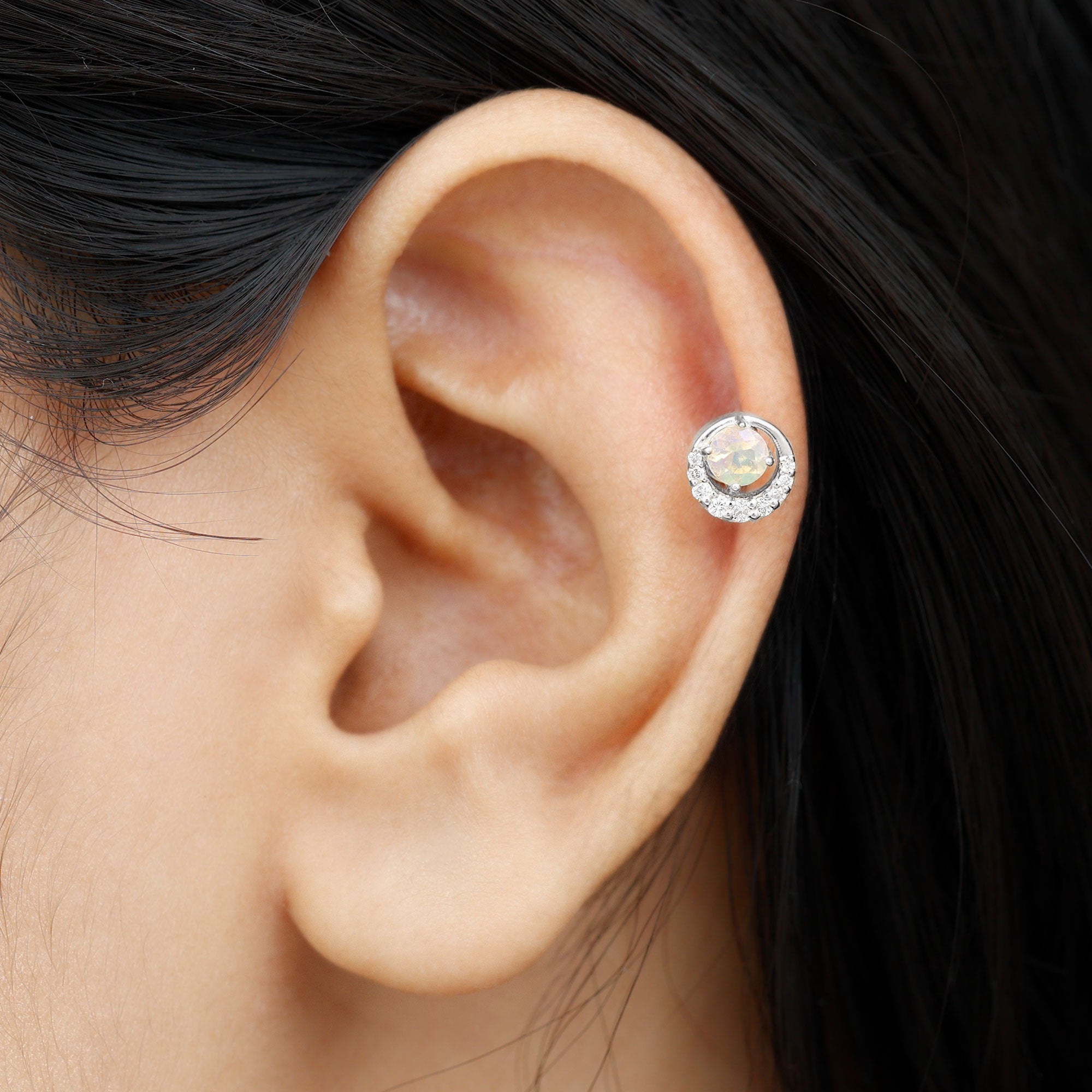 Ethiopian Opal and Diamond Circle Cartilage Earring AAA - Rosec Jewels