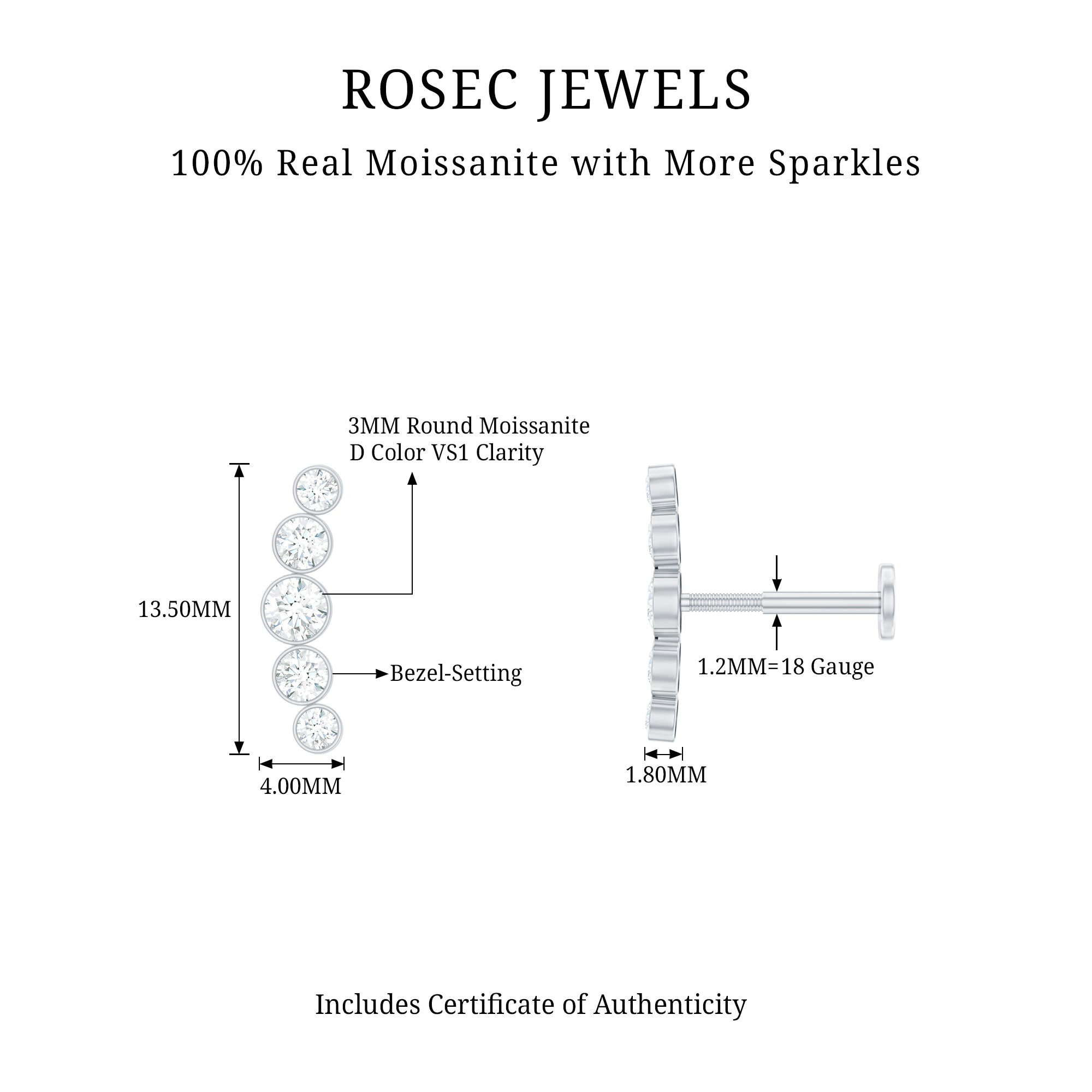 Bezel Set Round Moissanite Curved Crawler Earring D-VS1 - Rosec Jewels
