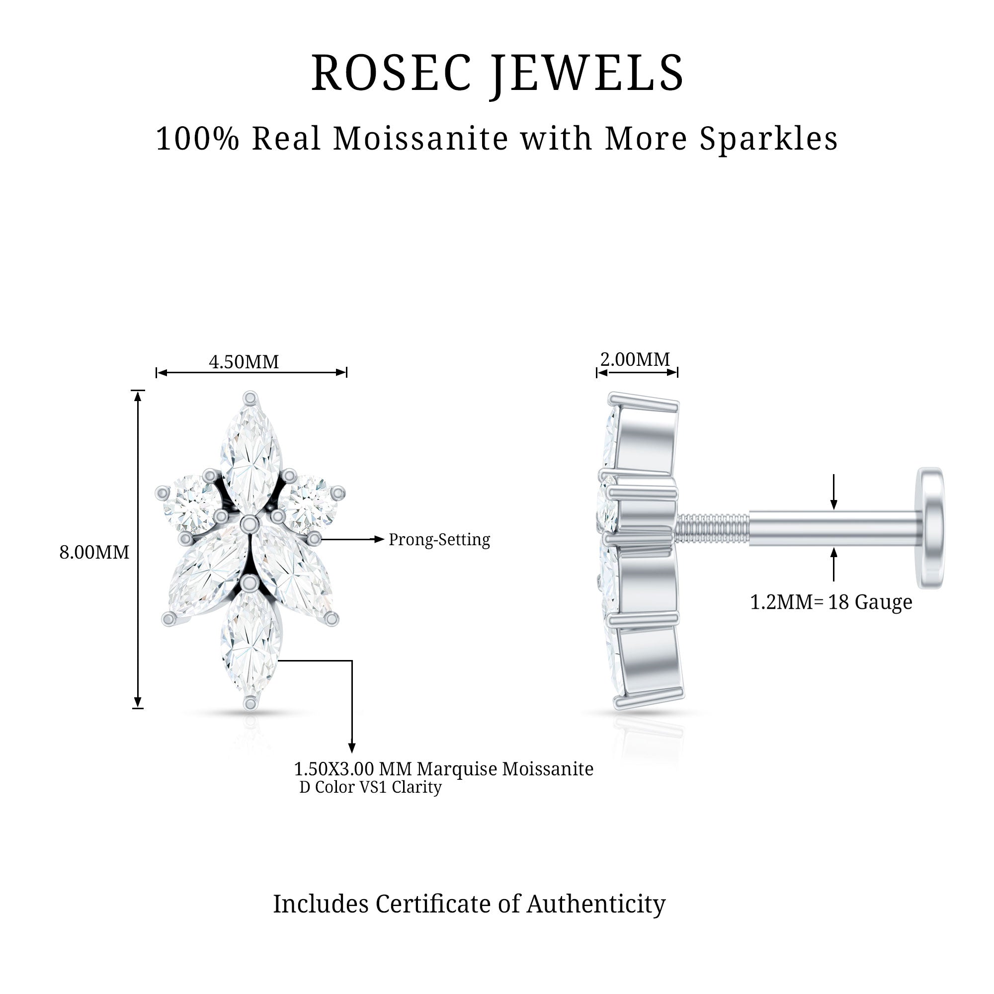 Marquise and Round Moissanite Cluster Floral Earring D-VS1 - Rosec Jewels